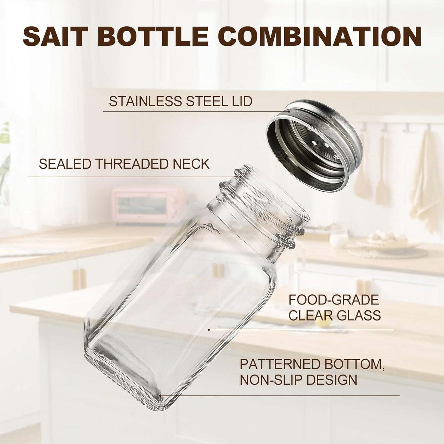 Salt and Pepper Shakers Set, Salt Shaker 2 Pcs,High Transparency Glass Stainless Steel Kitchen Tools Home Essential
