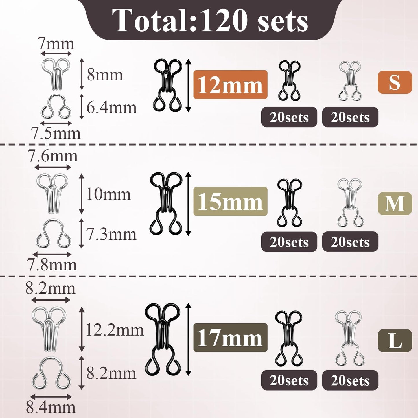 120 Set Tiny Hooks and Eyes Closures for Sewing, Bra Hook Replacement Clasps, Hook and Eye Clasp for Clothing Bra Trousers Skirt Underwear Sewing DIY Craft