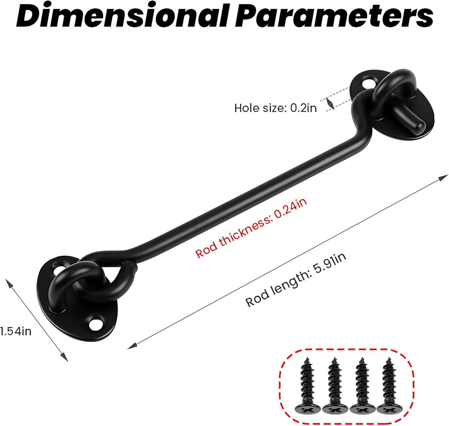 2 Pack 6'' Door Latch Door Lock Hardware, 6'' Hook and Eye Gate Latch Easy Lock for Barn Door, Black Sliding Door Lock with Screws for Window, Cabin Hooks
