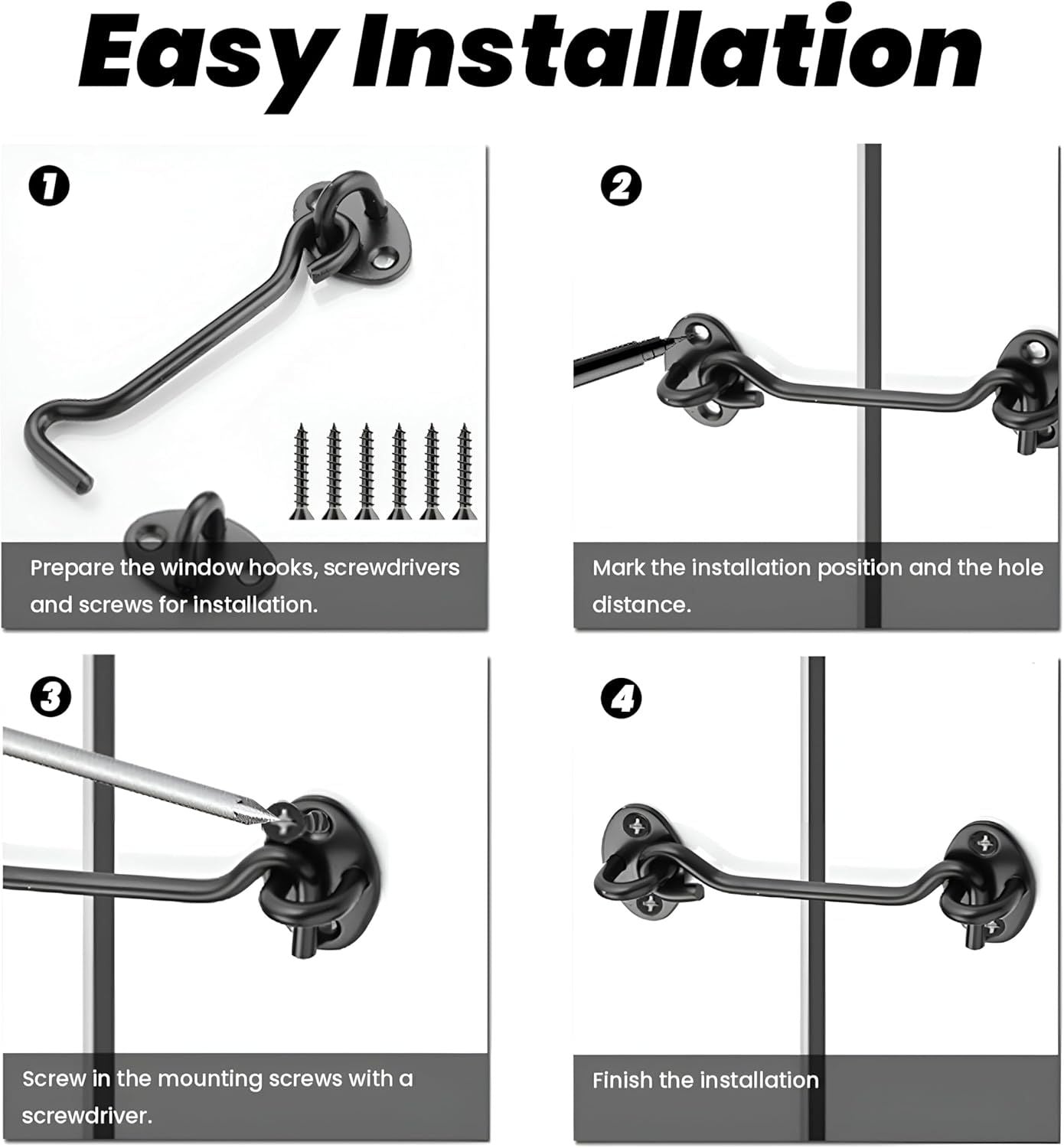 2 Pack 6'' Door Latch Door Lock Hardware, 6'' Hook and Eye Gate Latch Easy Lock for Barn Door, Black Sliding Door Lock with Screws for Window, Cabin Hooks