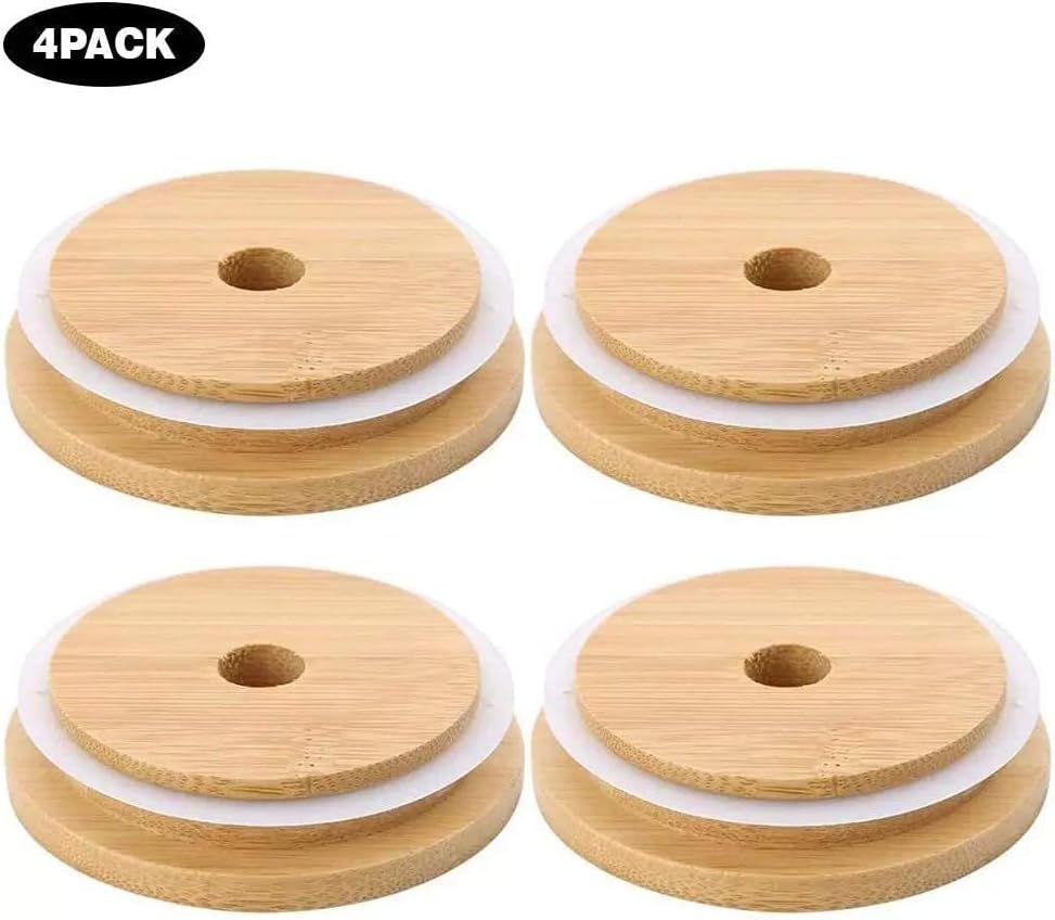 4 Pack 86mm Wide Mouth Bamboo Mason Jar Lids with Straw Hole Reusable Bamboo Caps Leak-Proof Glass Canning Drinking Storage Jars Lid