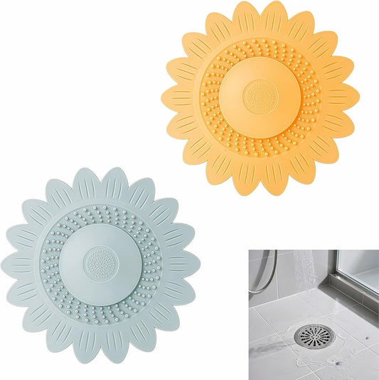Sunflower Silicone Drain Cover,2-Pack Hair Catcher for Shower Tub Sink, Flower Shape Bathtub Drain Cover, Non-Slip Silicone Strainer for Kitchen Bathroom Laundry (Blue Yellow)