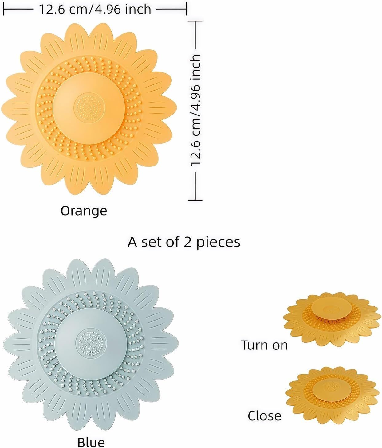 Sunflower Silicone Drain Cover,2-Pack Hair Catcher for Shower Tub Sink, Flower Shape Bathtub Drain Cover, Non-Slip Silicone Strainer for Kitchen Bathroom Laundry (Blue Yellow)