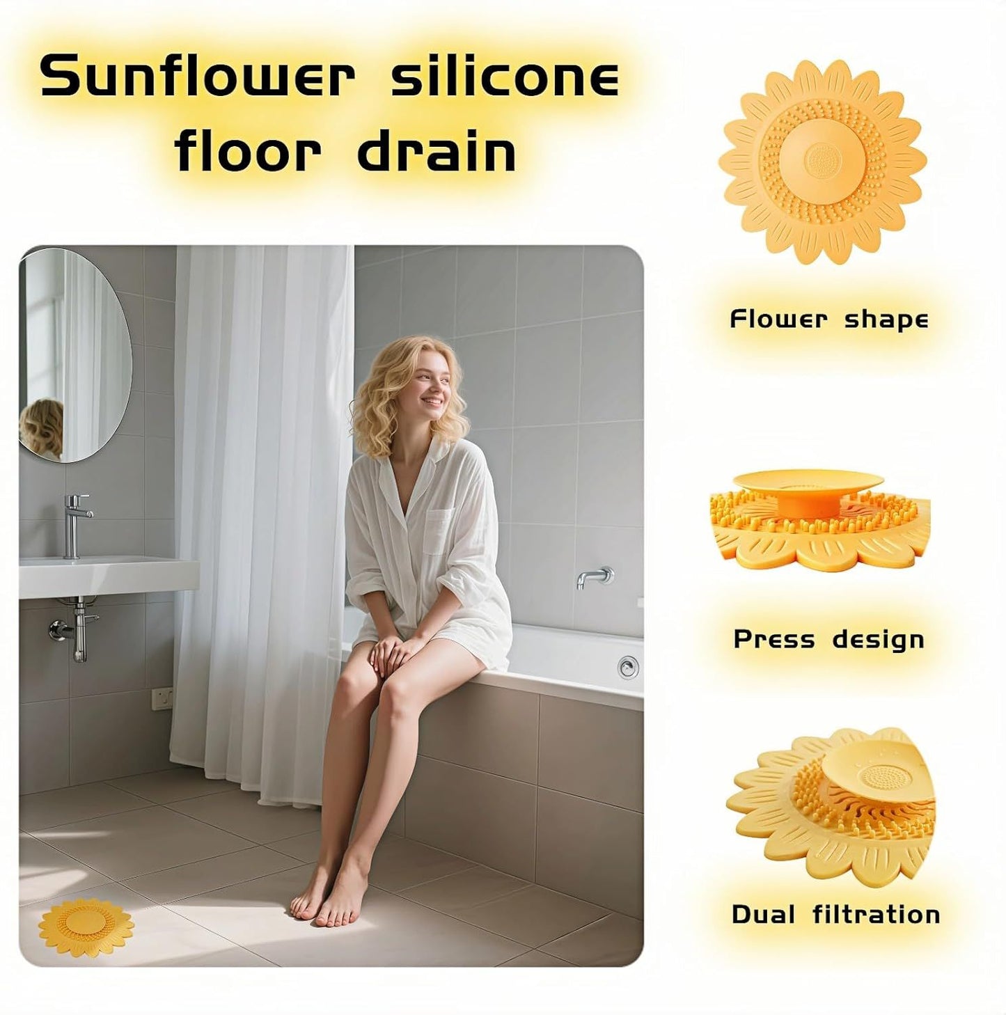 Sunflower Silicone Drain Cover,2-Pack Hair Catcher for Shower Tub Sink, Flower Shape Bathtub Drain Cover, Non-Slip Silicone Strainer for Kitchen Bathroom Laundry (Blue Yellow)