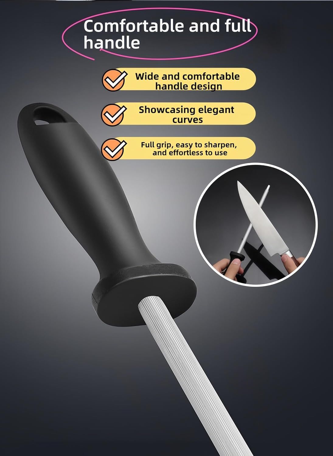 13" Professional Knife Sharpening Steel Rod - High Carbon Magnetic Honing Rod for Kitchen Chef Knives, Ergonomic Non-Slip Grip with Durable Serrations & Hanging Hole - Multi-Purpose for Home (13IN)