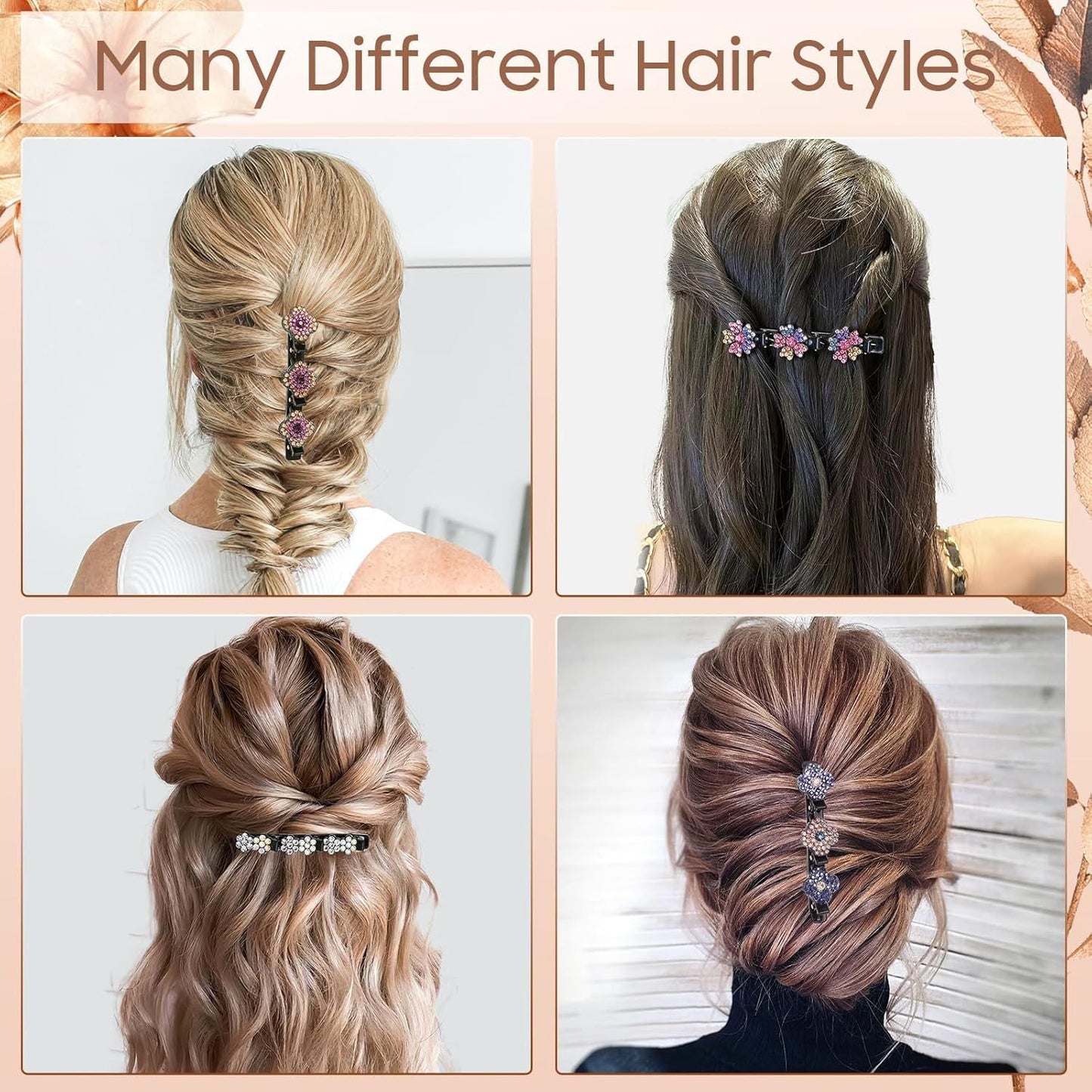 Braided Hair Clips For Women - Sparkling Crystal Stone Hair Clips For Styling Sectioning with 3 Small Hair Barrettes, Hair Accessories Four-Leaf Chopped with Rhinestones for Women& Girls 4 PCS (# 1)