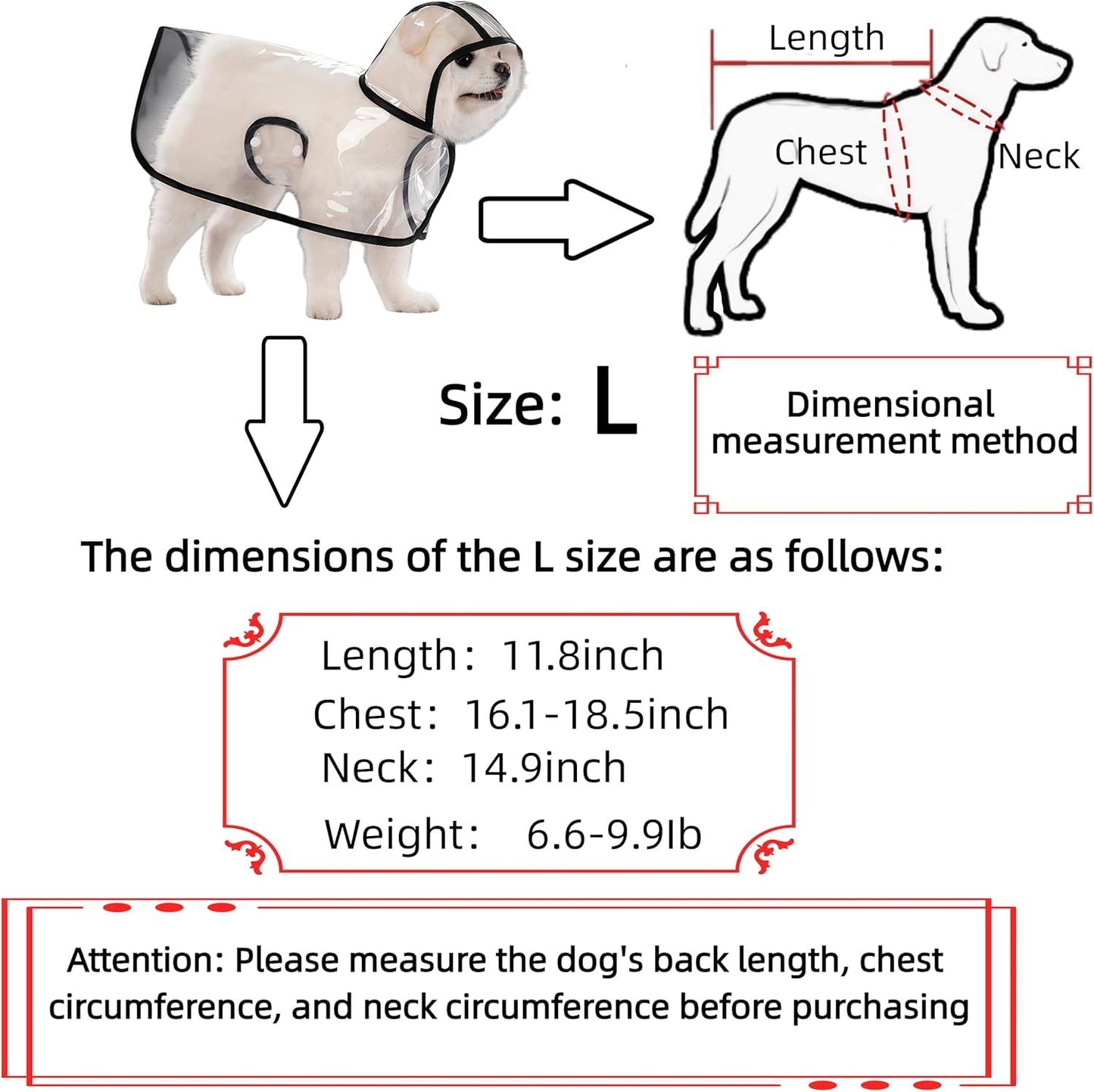 Transparent Dog Rain Poncho for Small Medium Dogs - Thick Waterproof Raincoat with Hidden Leash Hole & Adjustable Snaps, Windproof Hooded Cape for Bichon Poodle (Large)