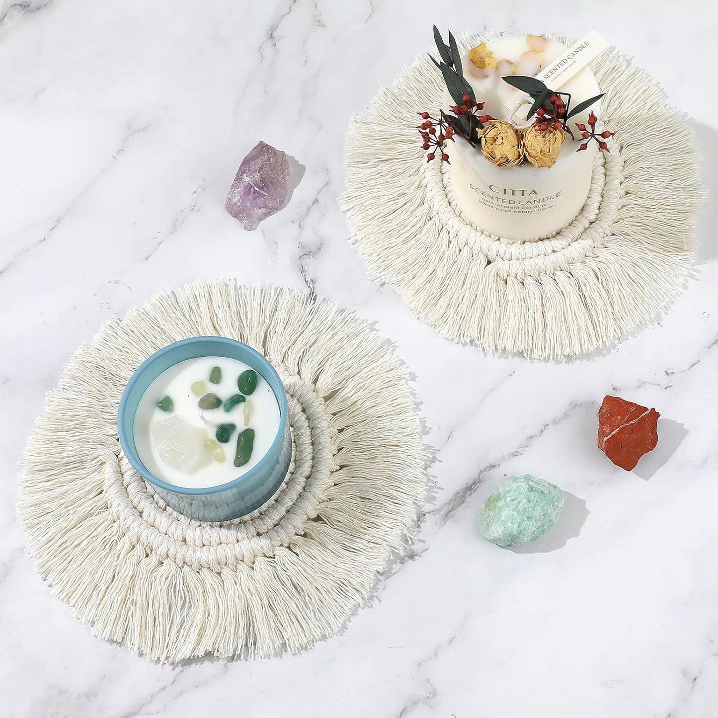 Boho Coasters for Drinks Absorbent Crochet Coasters Round Boho Coaster Set of 2 Housewarming Gift Bar Coffee Table Office Desk Decor, White