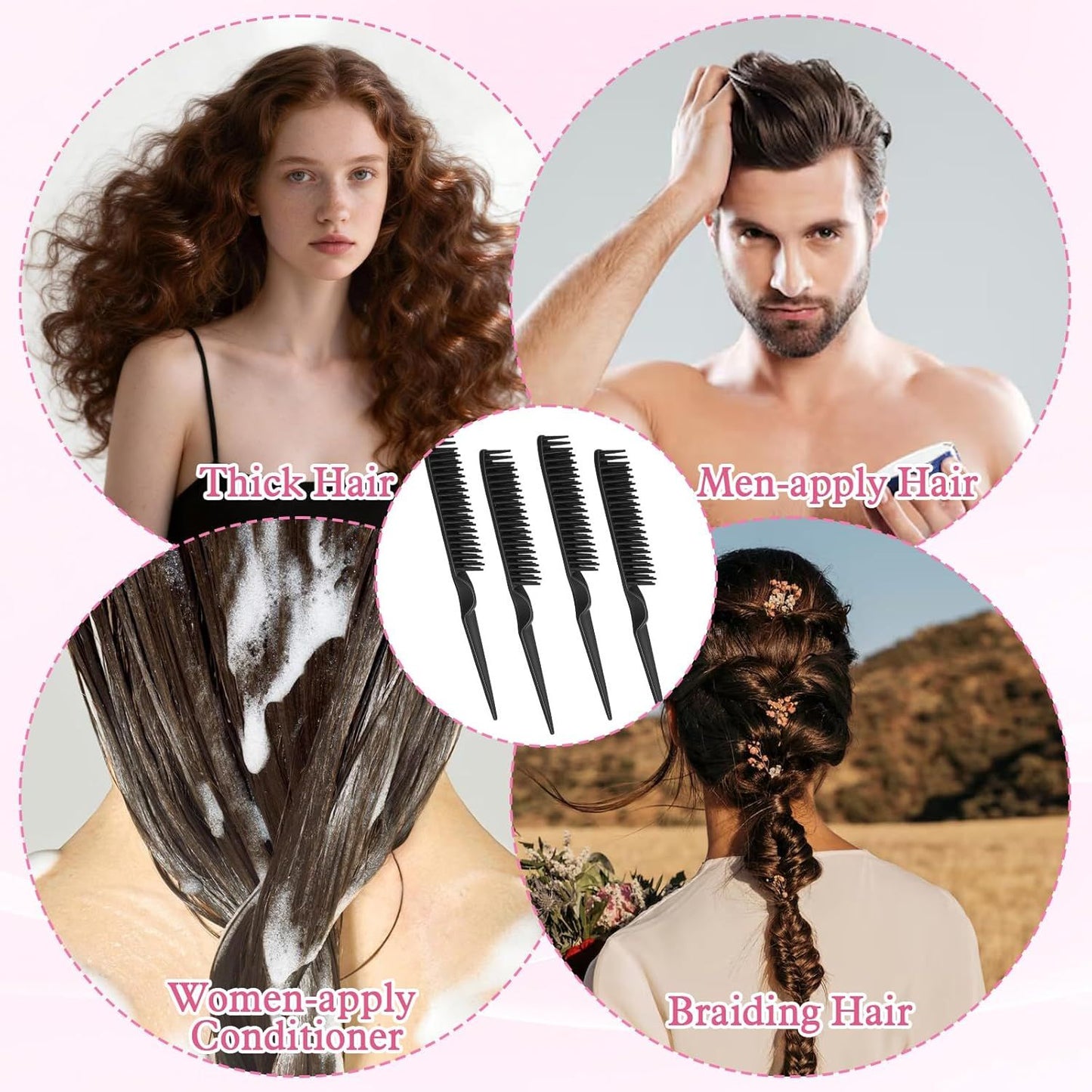 4 PCS Black 3 Row Comb for Natural Hair, The Unbraider Combs Tool for Braids, Three Row Comb for Women Men Detangling and Sectioning