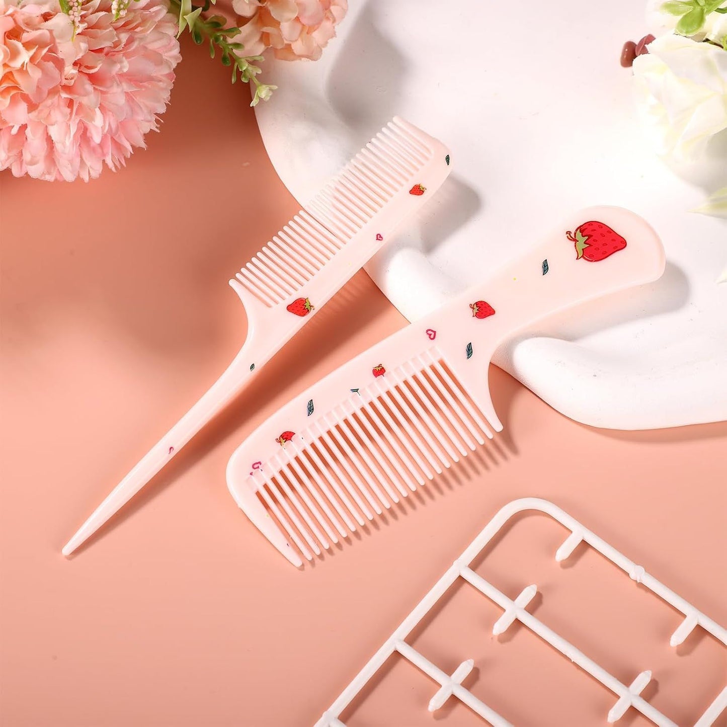 2pcs Cute Hair Comb Set, Pink Strawberry Baby Comb Fine Tooth Comb & Rat Tail Comb Toddler Tiny Hair Comb Small Girls Comb Plastic Mini Kids Comb Hair Parting Comb for Women Girls Kids All Hair Types