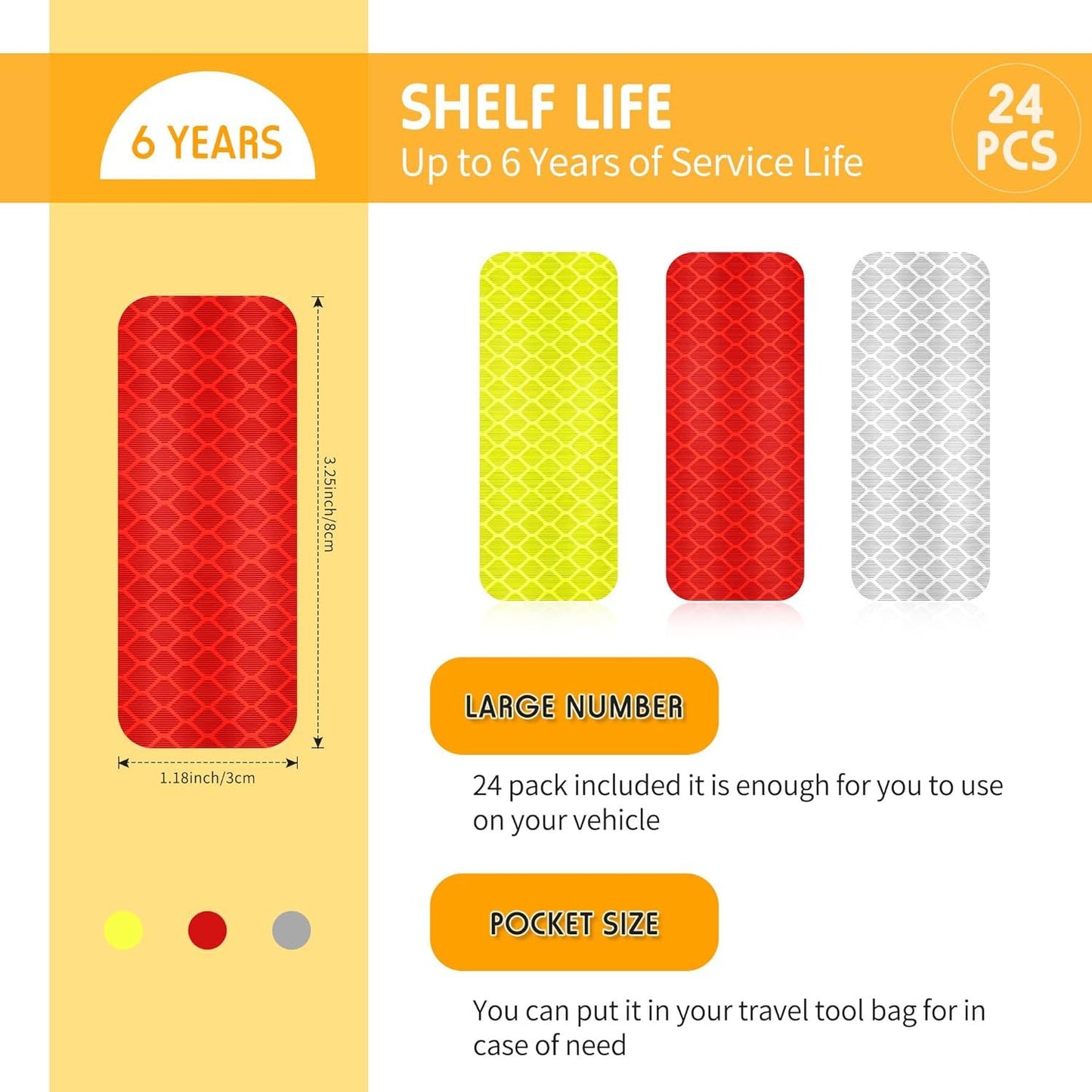 Warning Reflective Stickers Safety Night Visibility Adhesive Stickers Waterproof Reflective Tape Decal for Vehicle Motorcycle Bicycle, 1.18 x 3.25 Inch(24 Pieces)