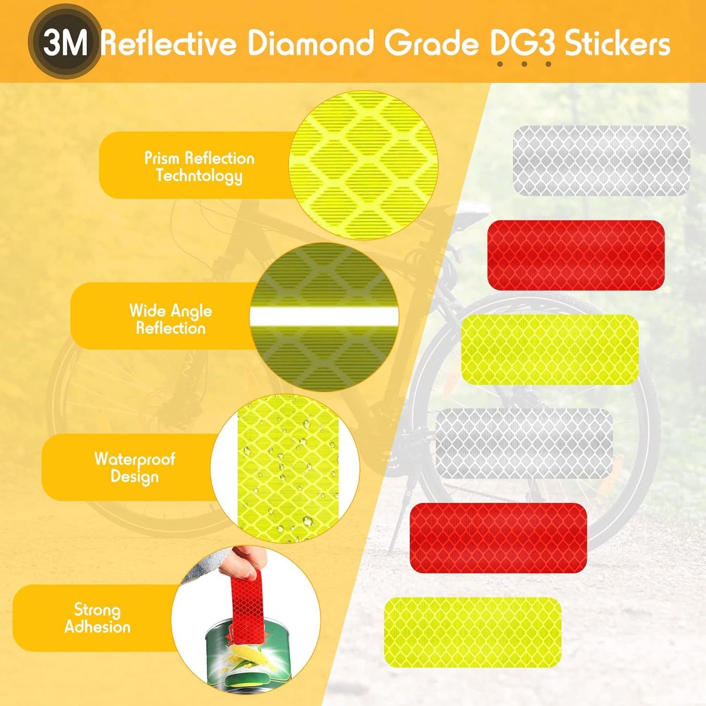 Warning Reflective Stickers Safety Night Visibility Adhesive Stickers Waterproof Reflective Tape Decal for Vehicle Motorcycle Bicycle, 1.18 x 3.25 Inch(24 Pieces)