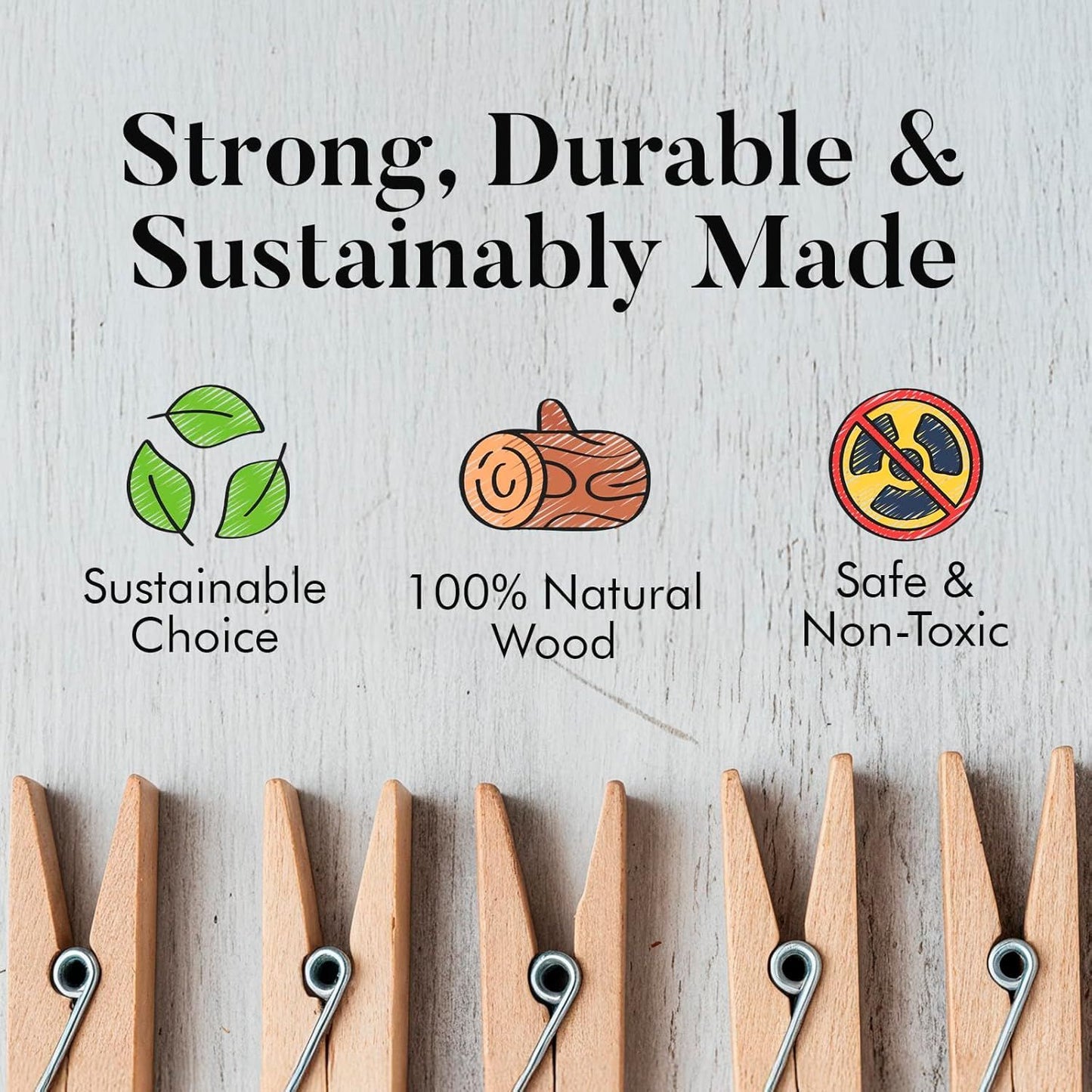 Clothes Pins Wooden – 50 Pack Wooden Clothespins 2.9 Inch with Rust-Resistant Coil, Natural Wood Clips for Laundry, Hanging Clothes, Crafts & DIY