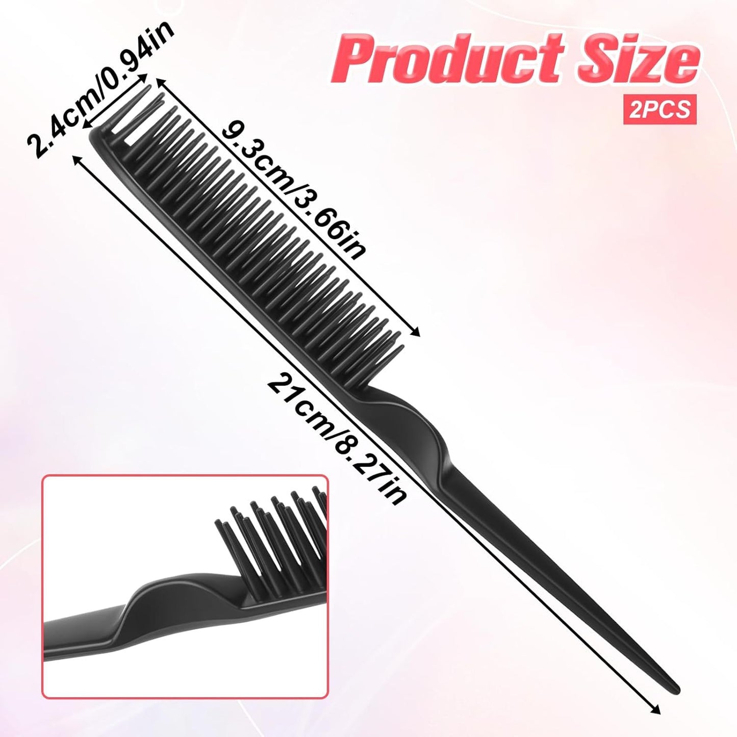 2 Pcs 3 Row Styling Comb, Curling Hair Styling Brush Rat Tail Comb Used for Combing, Separating and Shaping Curls (Black)