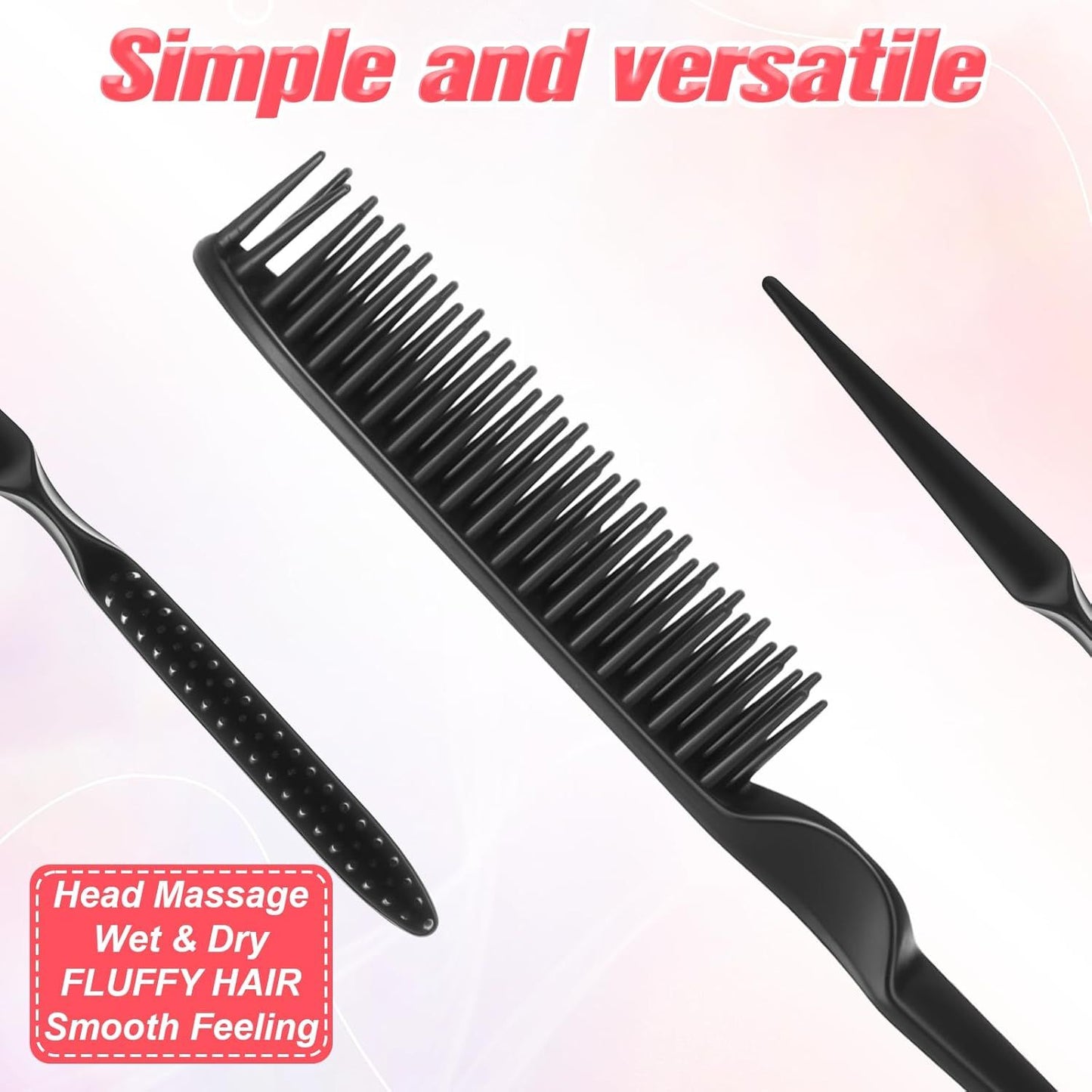 2 Pcs 3 Row Styling Comb, Curling Hair Styling Brush Rat Tail Comb Used for Combing, Separating and Shaping Curls (Black)