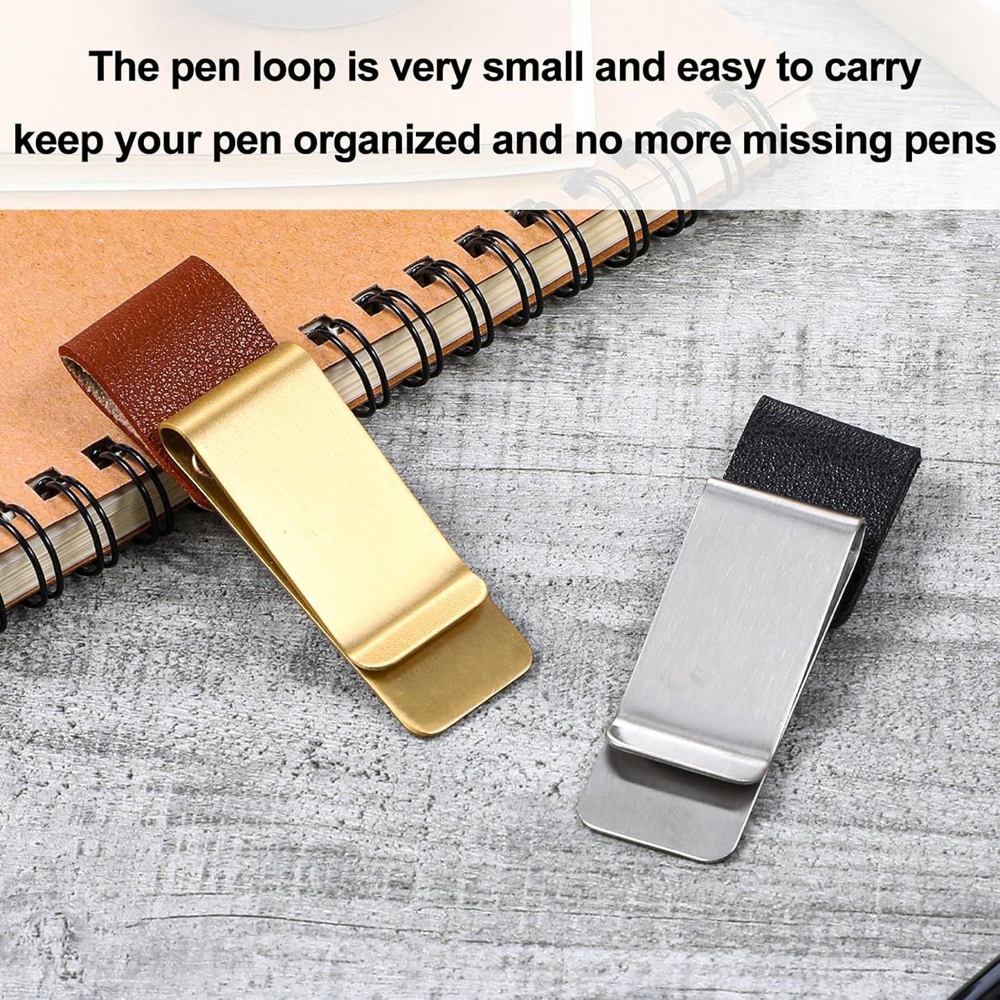 2 Pcs PU Leather Retro Notebook Pen Clips Metal Pen Loop Holder Sleeve - Silver & Gold