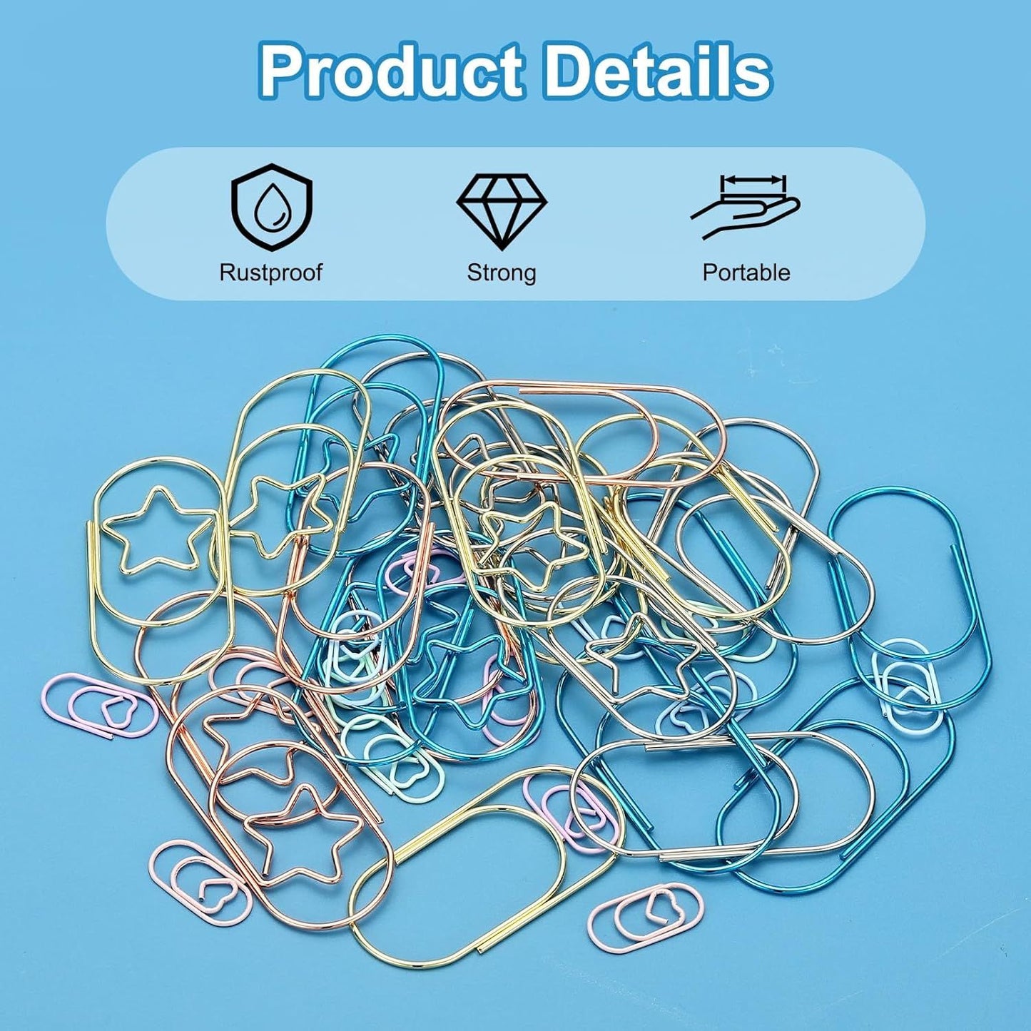 1x0.4 Inch Mini Paper Clip, 80 Pcs Metal Heart Paper Clip Wide Rust-Proof Strong Durable Small Cute Bulk for Office Supplies Document Organization Binder Bookmarks Planner, Blue