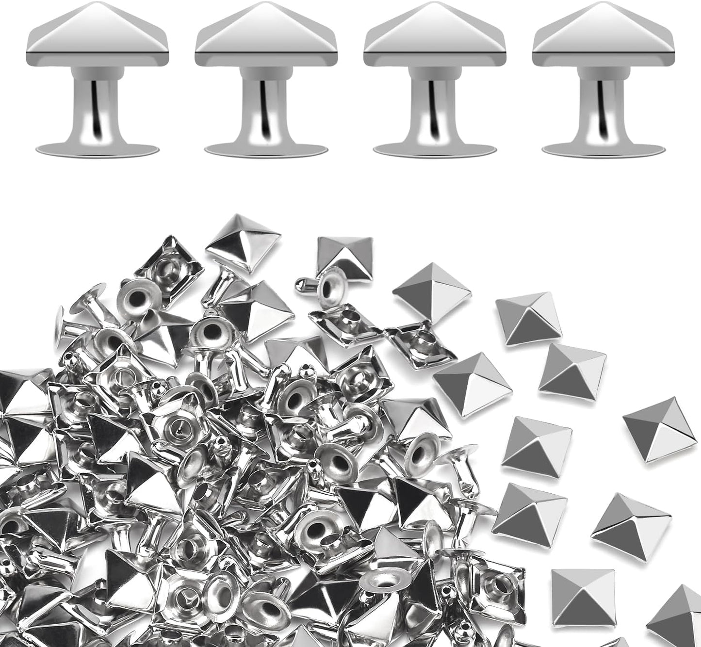 100 Sets 10mm Square Leather Rivets, Metal Pyramid Spike Studs Rivet for Leather Wrists Boots Clothing Pet Collars Belt Bags Punk Bracelets Key Fob DIY Repair and Decoration (Silver)