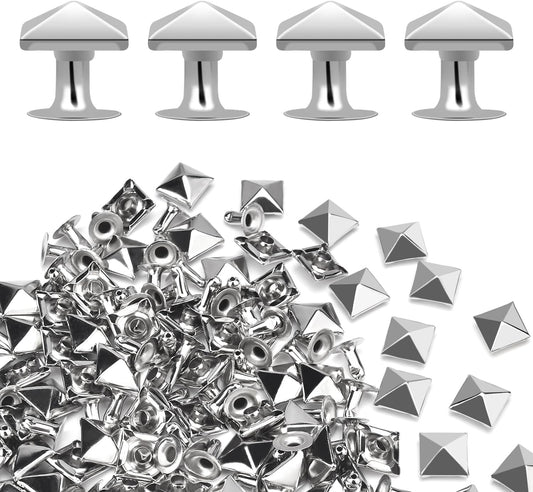 100 Sets 10mm Square Leather Rivets, Metal Pyramid Spike Studs Rivet for Leather Wrists Boots Clothing Pet Collars Belt Bags Punk Bracelets Key Fob DIY Repair and Decoration (Silver)