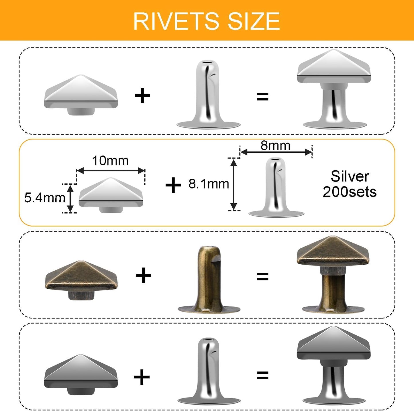 100 Sets 10mm Square Leather Rivets, Metal Pyramid Spike Studs Rivet for Leather Wrists Boots Clothing Pet Collars Belt Bags Punk Bracelets Key Fob DIY Repair and Decoration (Silver)