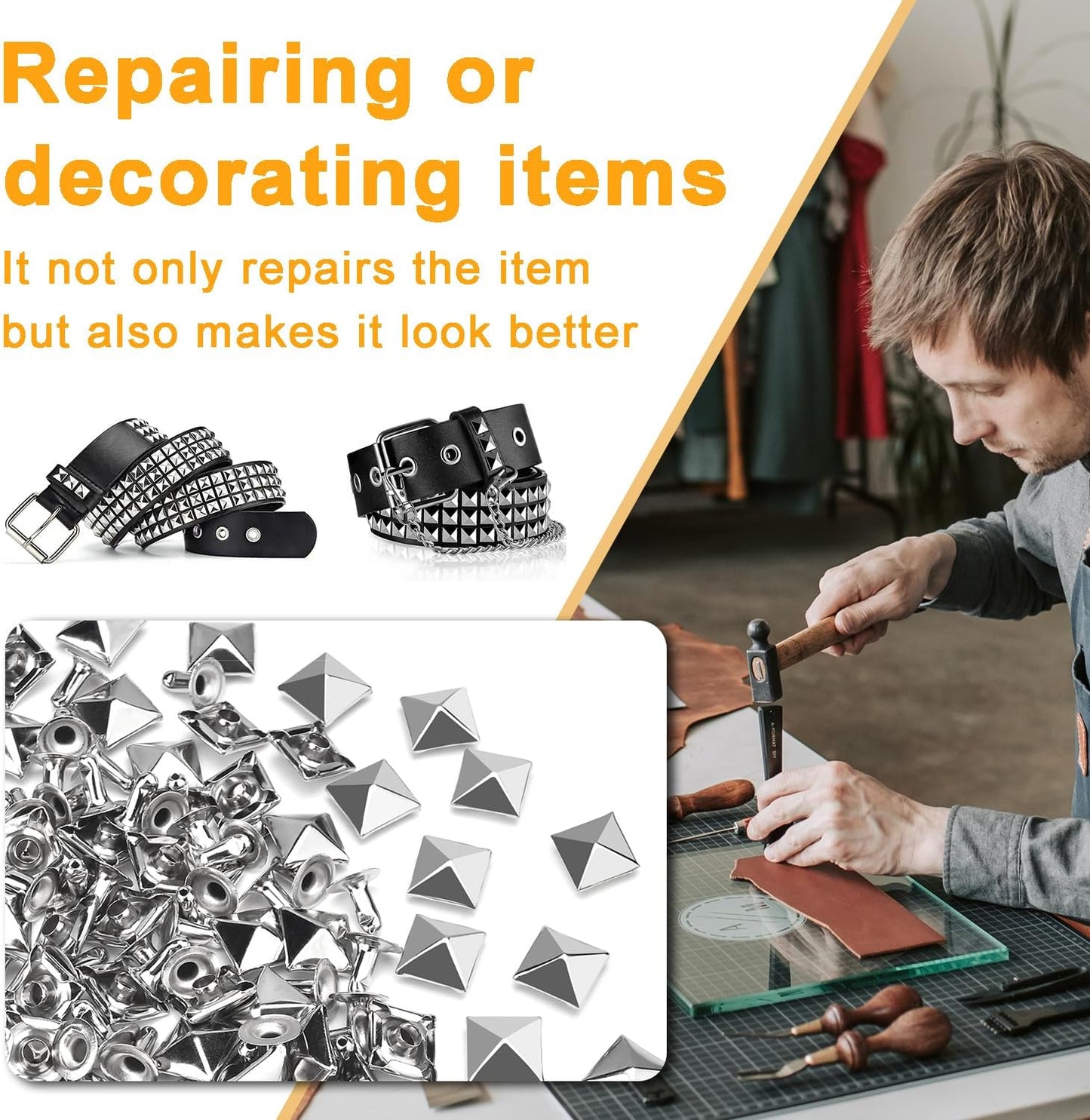 100 Sets 10mm Square Leather Rivets, Metal Pyramid Spike Studs Rivet for Leather Wrists Boots Clothing Pet Collars Belt Bags Punk Bracelets Key Fob DIY Repair and Decoration (Silver)