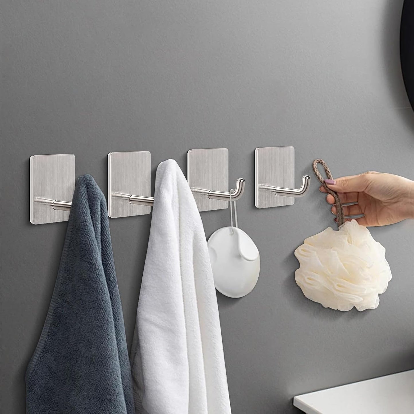 Livabber Adhesive Towel Hooks, 304 Stainless Steel Self Sticky Wall Hooks Waterproof Shower Hooks for Robe/Clothes, No Drilling Towel Hangers for Bathroom Kitchen Bedroom (Brushed Nickel, 6 Packs)