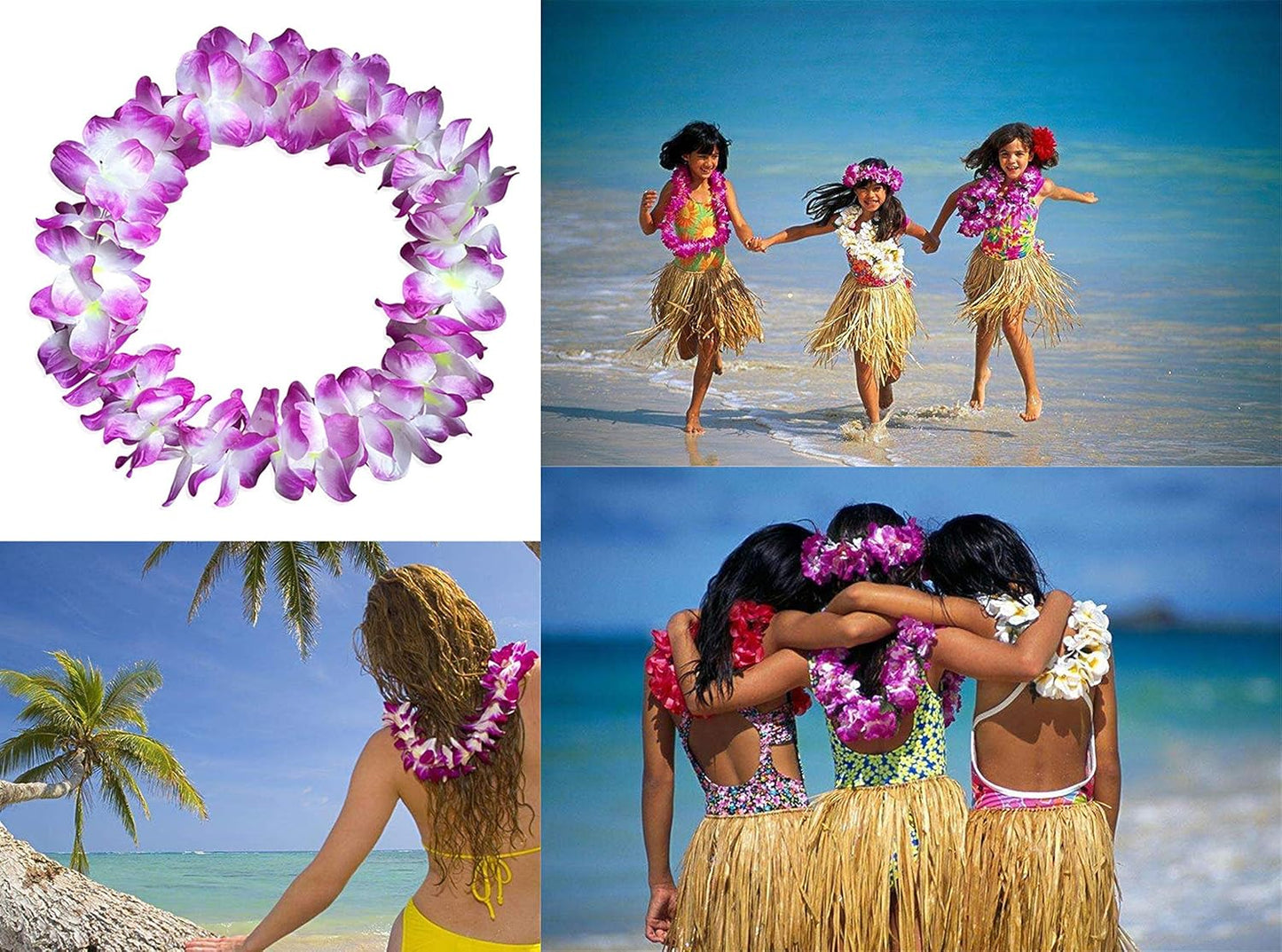 4 Pcs Purple Hawaiian Leis with Green Leaves for Graduation Party, Dance Party, Photo Prop in Outdoors (Purple)