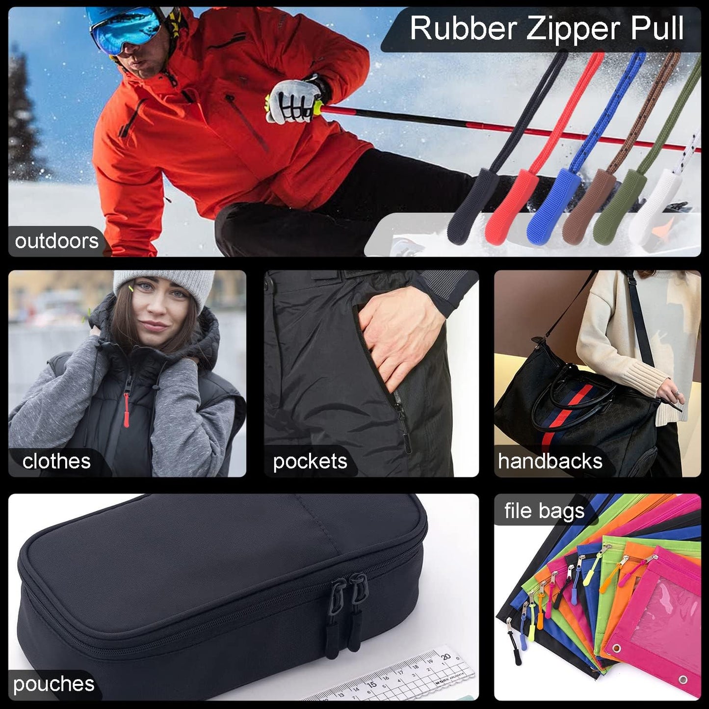 CooBigo 12Pack Zipper Pull Replacement, Golf Bag Parcord Zipper Pull Tab Replacement for Backpack, Jackets, Pants, Boots, Coats, Luggage - Balck(Universal Extender)