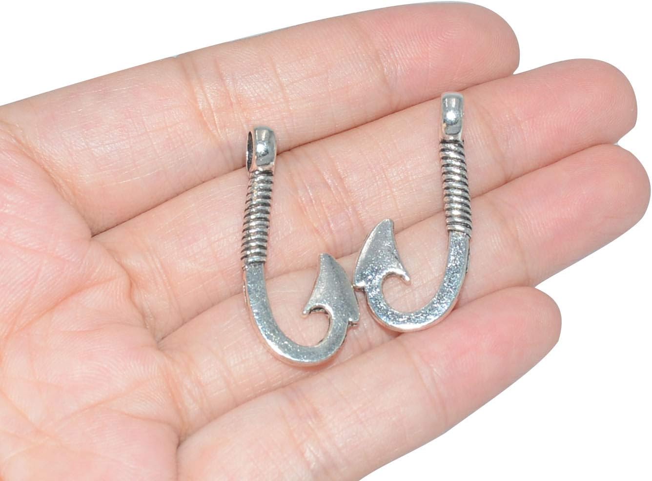 Pack of 50 Alloy Bulk Fish Hook Charms Pendents 13mmx31mm Jewelry Findings for Making Bracelet and Necklace (Silver 50pcs)