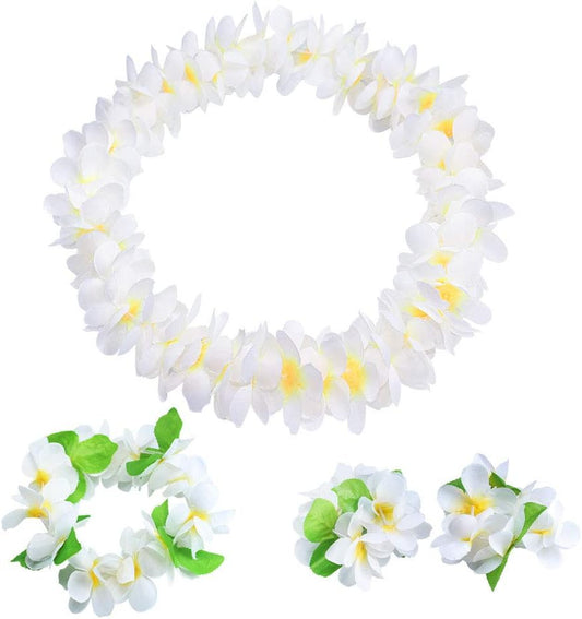 Yansanido 4 Pcs White Hawaiian Leis with Green Leaves for Graduation Party, Dance Party, Photo Prop in Outdoors (White)