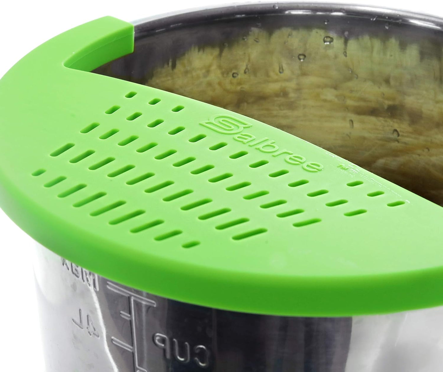 Salbree Silicone Snap Strainer fits the 6qt Instant Pot and Snaps to the 6 quart Instapot Pressure Cooker Inner Pan Small Mitts Set Included, for Straining Vegetable and Ground Beef Grease (green)