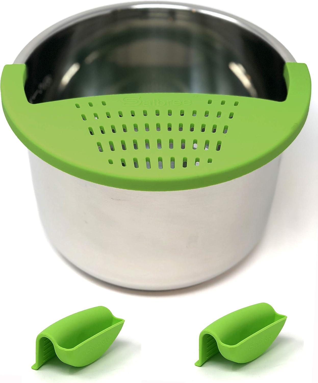 Salbree Silicone Snap Strainer fits the 6qt Instant Pot and Snaps to the 6 quart Instapot Pressure Cooker Inner Pan Small Mitts Set Included, for Straining Vegetable and Ground Beef Grease (green)
