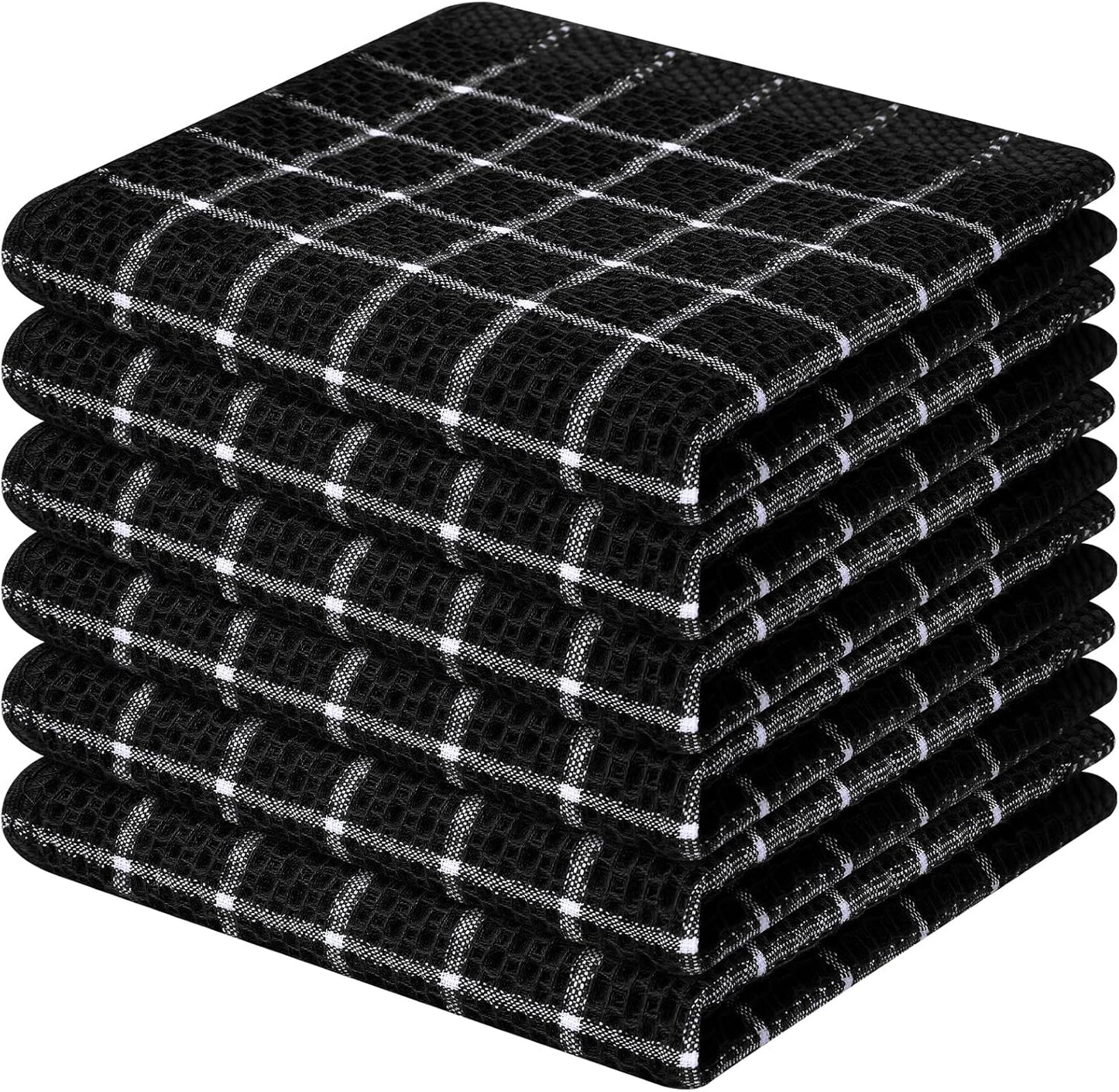 Homaxy 100% Cotton Dish Cloths, 6 Pack-12 X 12 Inches, Check Design Waffle Weave Dish Rags for Washing Dishes, Ultra Absorbent and Fast Drying Dishcloths, Black&White