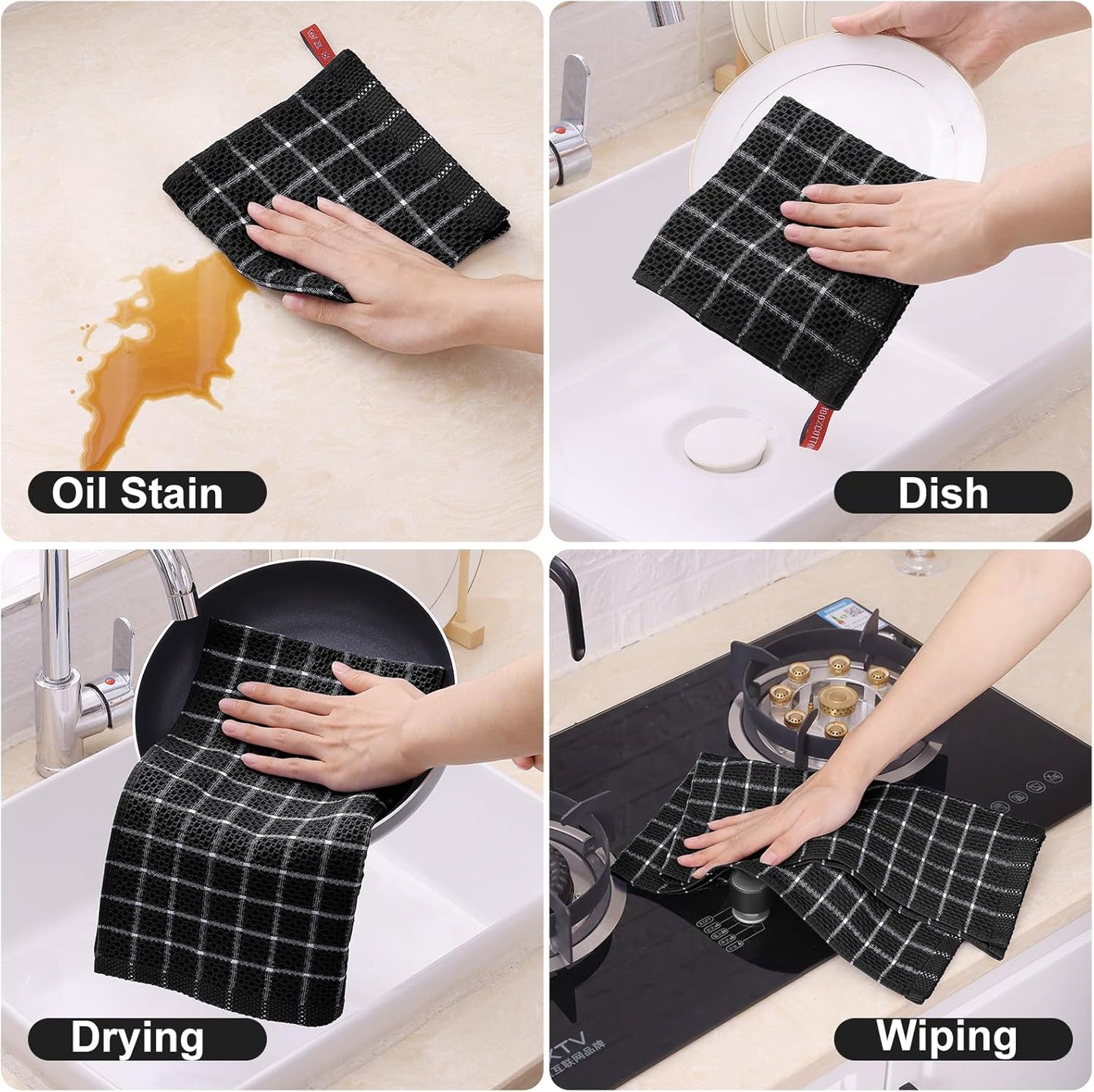 Homaxy 100% Cotton Dish Cloths, 6 Pack-12 X 12 Inches, Check Design Waffle Weave Dish Rags for Washing Dishes, Ultra Absorbent and Fast Drying Dishcloths, Black&White