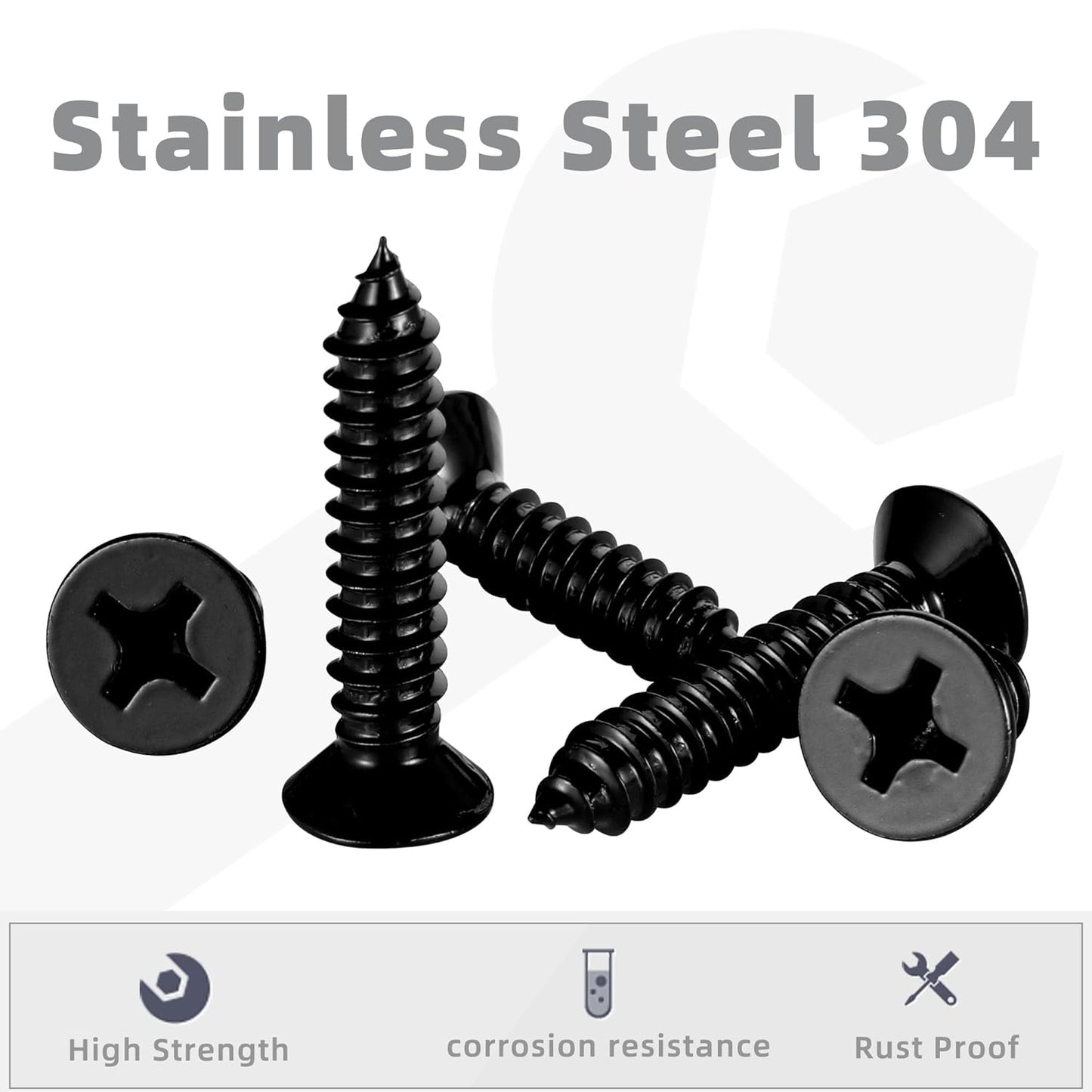 #12 x 1-1/4" Wood Screws Flat Head Fast Self Tapping Drywall Screws 18-8 Stainless Steel 304 Black Finish, 50 PCS