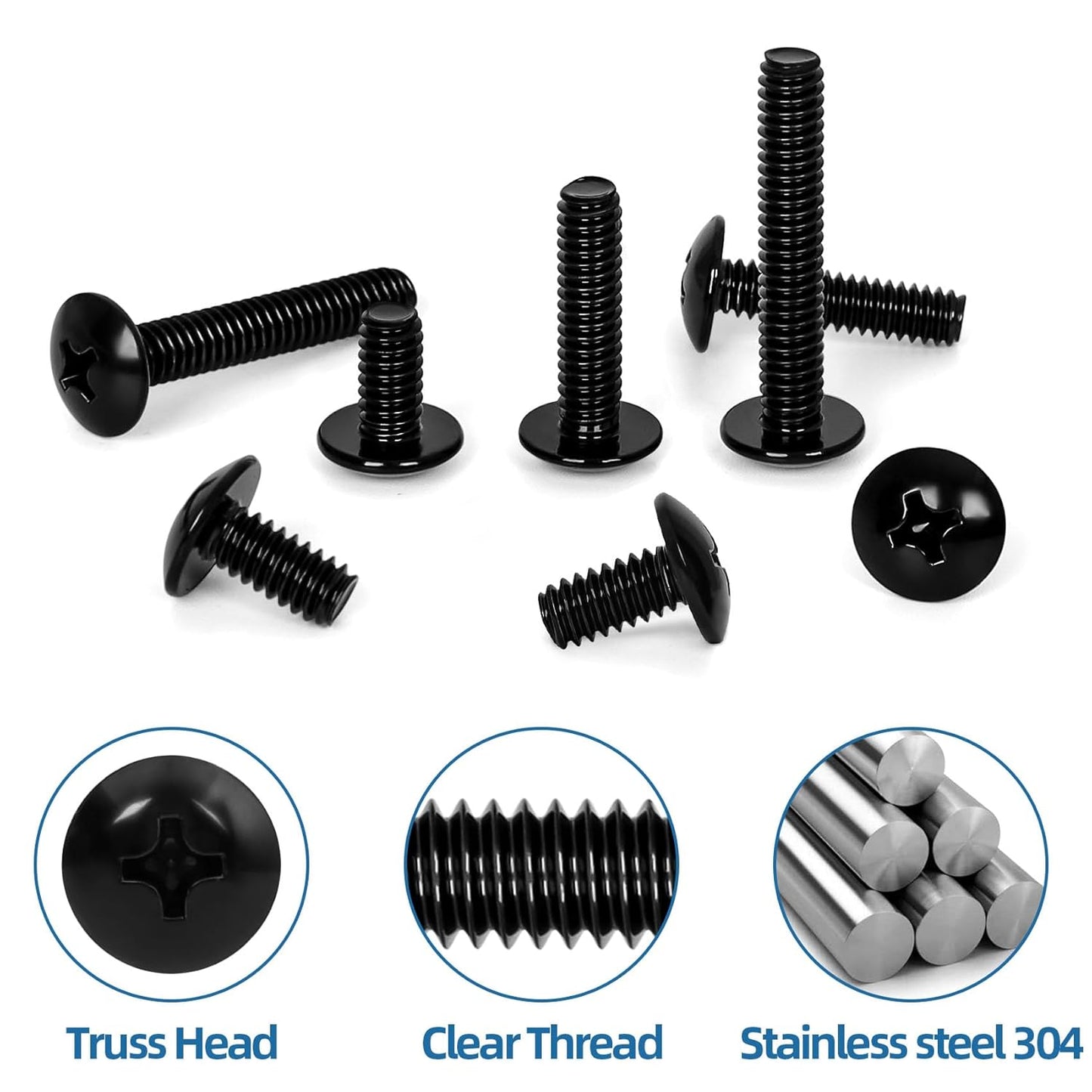 1/4"-20 x 1/2" Truss Head Machine Screws, Full Thread, 304 Stainless Steel Black Finish, 25 PCS