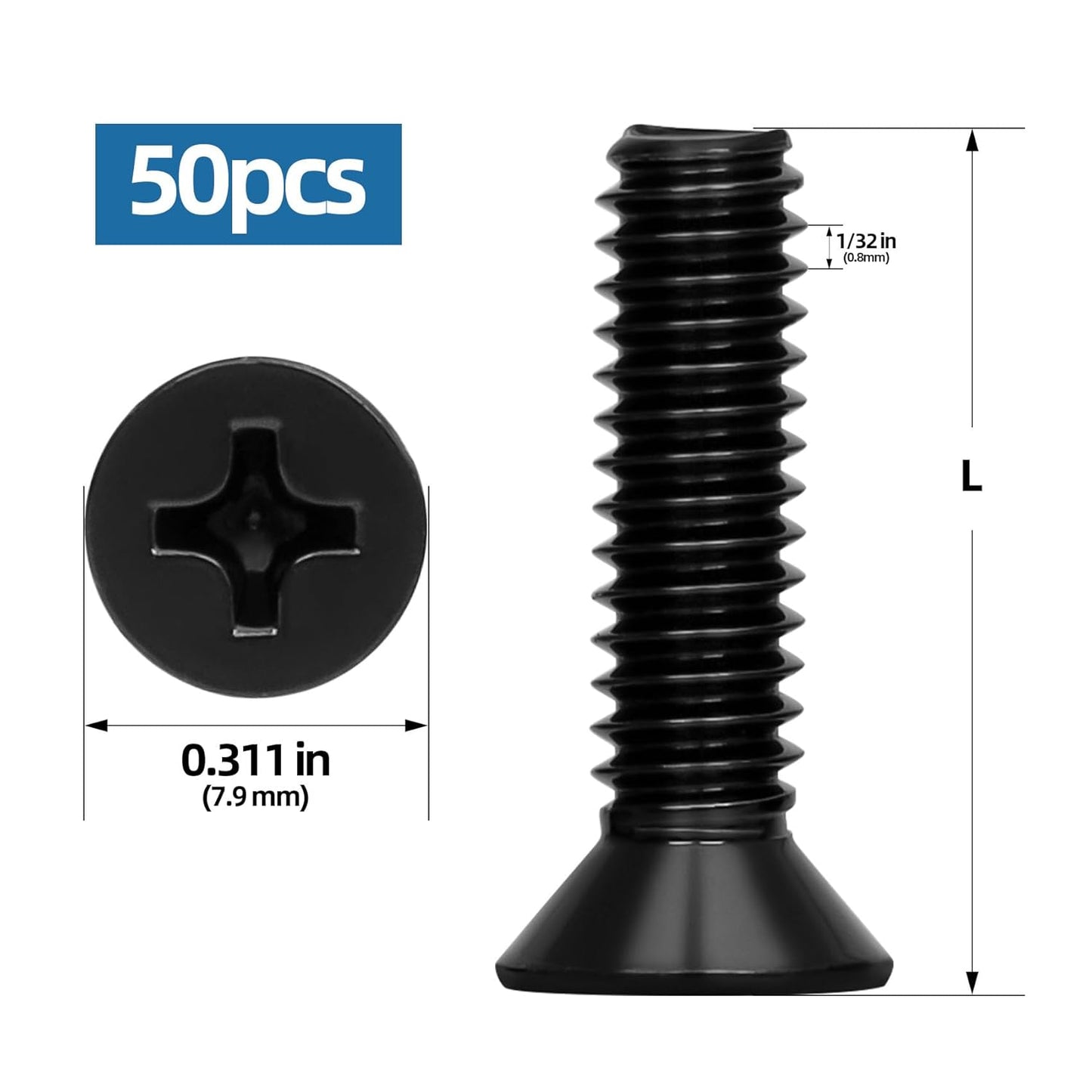 #8-32 x 1/2" Black Countersunk Flat Head Machine Screws, Electrical Outlet Screws, Full Thread, 304 Stainless Steel, Black Finish, 50 PCS