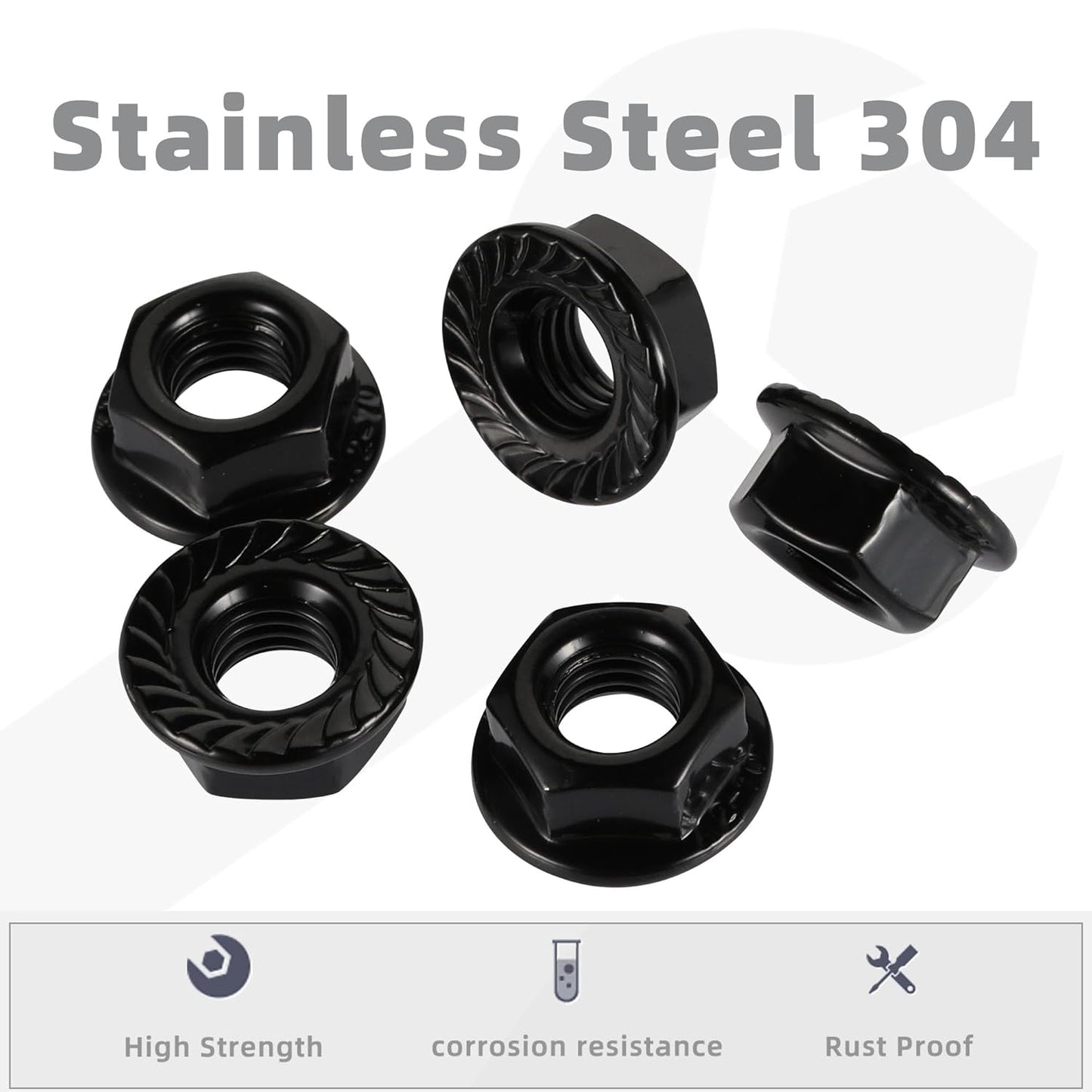 M10-1.5 Serrated Flange Hex Nuts Flanged Locknuts, 304 Stainless Steel 18-8, Black Finish, Pack of 25
