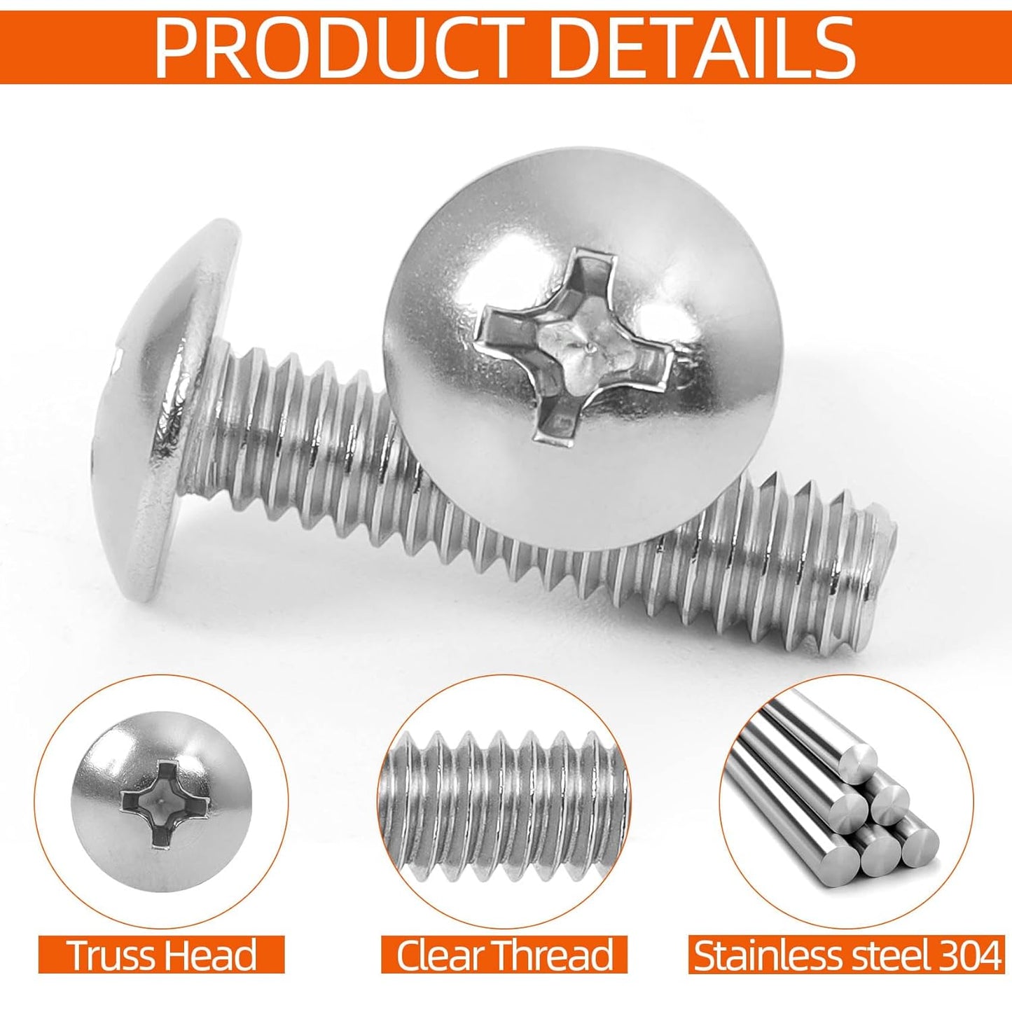 #10-24 x 1-1/2" Truss Head Bolts Machine Screws, Full Thread, 304 Stainless Steel, 50 PCS