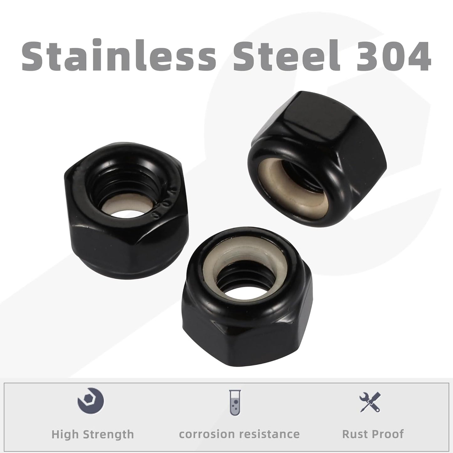 #8-32 Nylon Insert Hex Lock Nut Stainless Locknuts, 304 Stainless Steel 18-8 Black Finish, Pack of 50