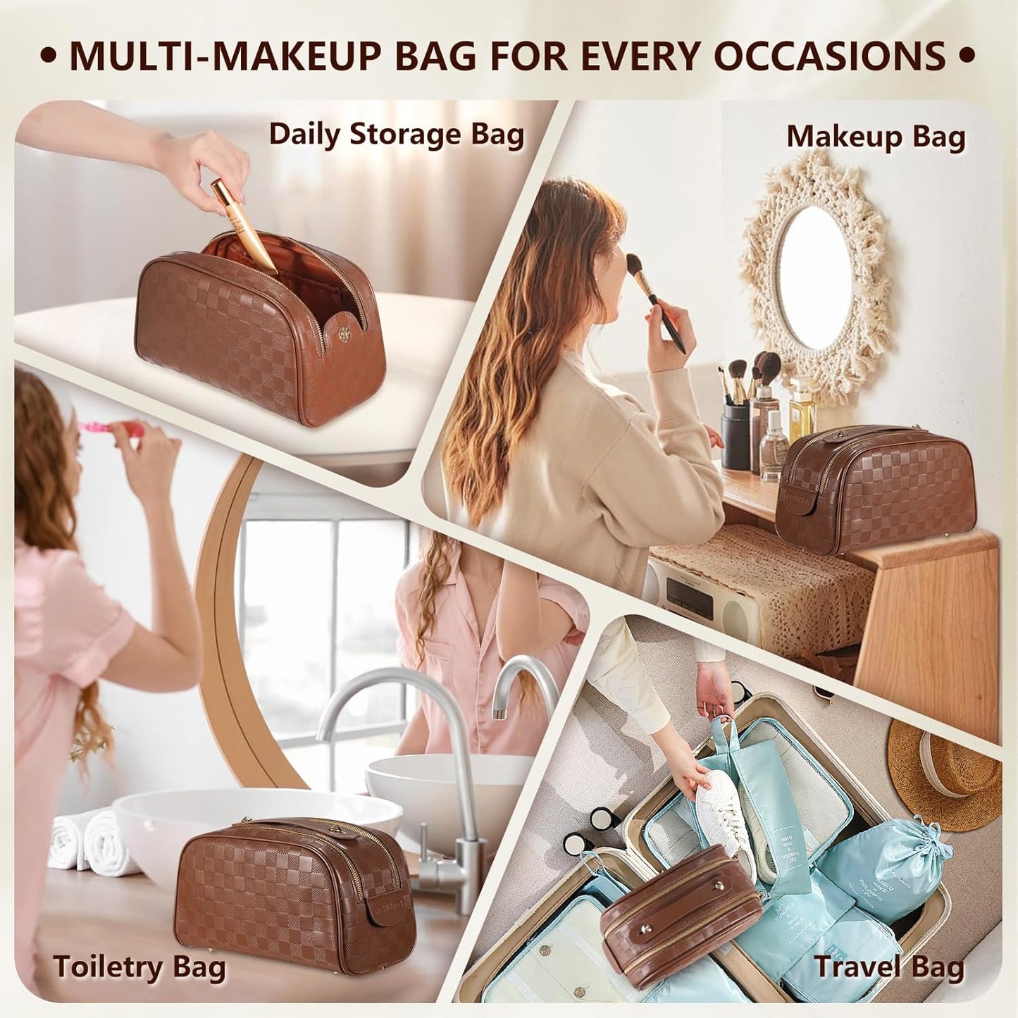 2 Pcs Makeup Bags Set, Large Capacity Makeup Organizer for Women, PU Leather Make Up Bag Portable Travel Toiletry Bag, Stylish Tessellated Cosmetic Bag Two Sizes to Match With Your Heart