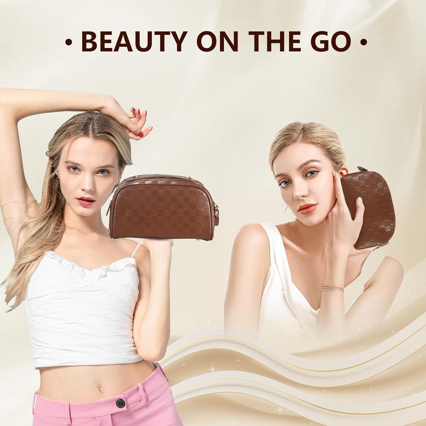 2 Pcs Makeup Bags Set, Large Capacity Makeup Organizer for Women, PU Leather Make Up Bag Portable Travel Toiletry Bag, Stylish Tessellated Cosmetic Bag Two Sizes to Match With Your Heart