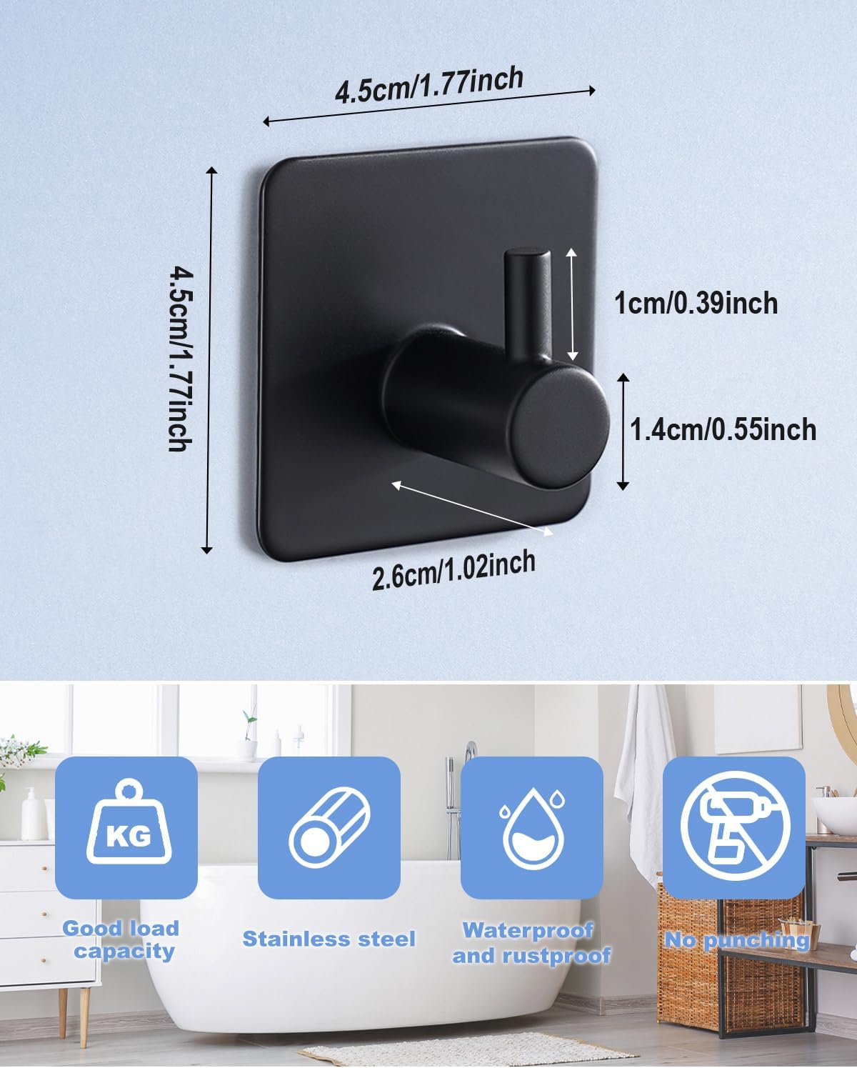 4 Pack Adhesive Hooks, Black Towel Hook for Bathrooms, Heavy Duty Stainless Steel Wall Hook, Waterproof Stick on Hook, Hooks for Hanging Robe, Key, Coat, Clothes