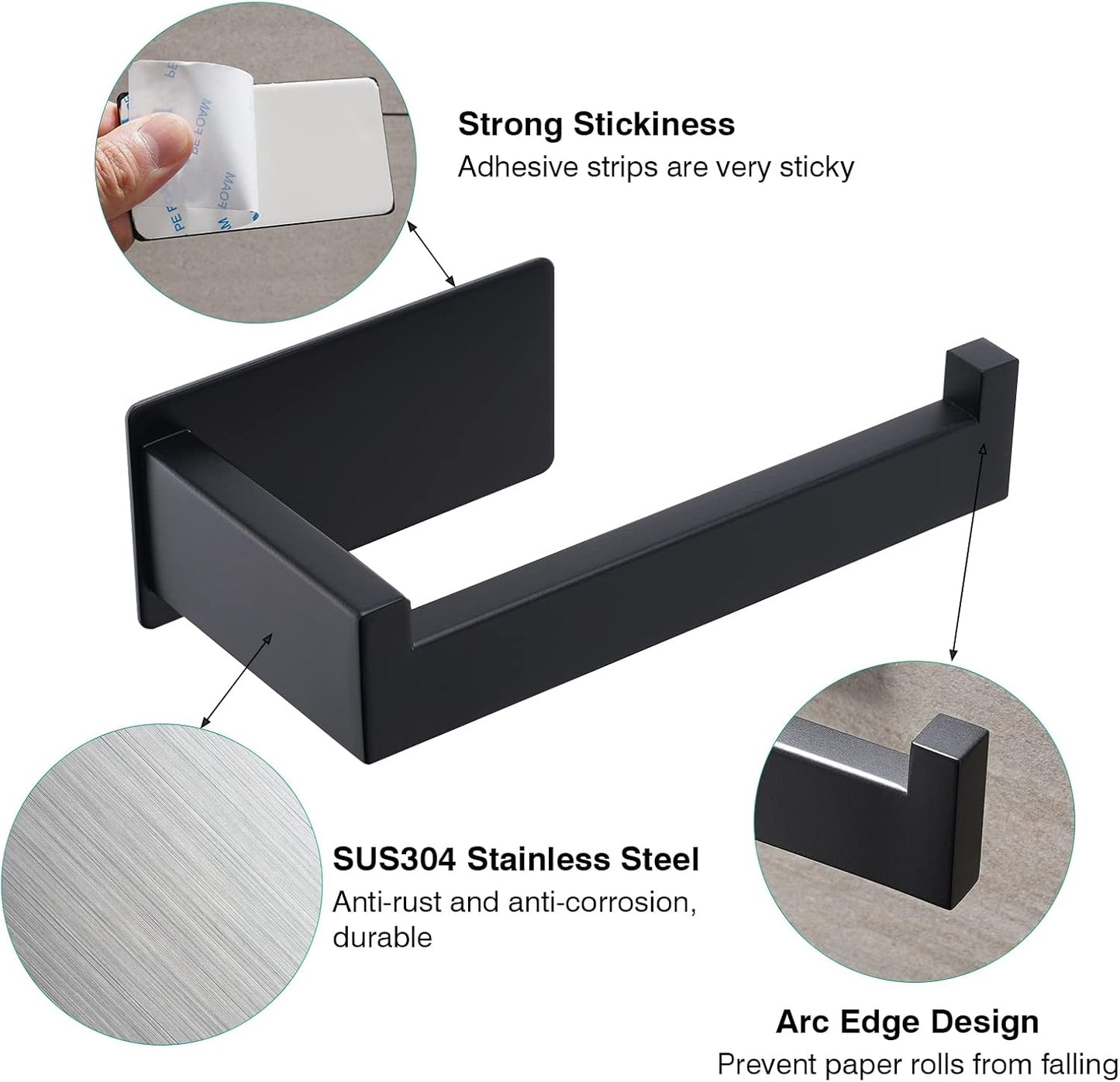 Toilet Paper Holder, Adhesive Toilet Paper Roll Holder, SUS304 Stainless Steel Rustproof Wall for Bathroom, Kitchen and Washroom, Black