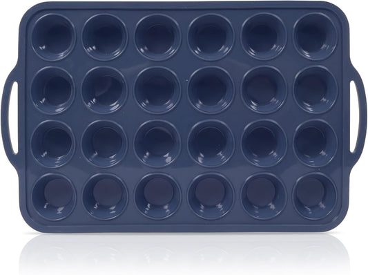 Mini Silicone Muffin Pan with Metal Frame, Non Stick Silicone Cupcake Pan with Handles 24 Cup, BPA Free Silicon Muffin Tin Tray Small for baking, egg bites, Cupcake Mold Grey