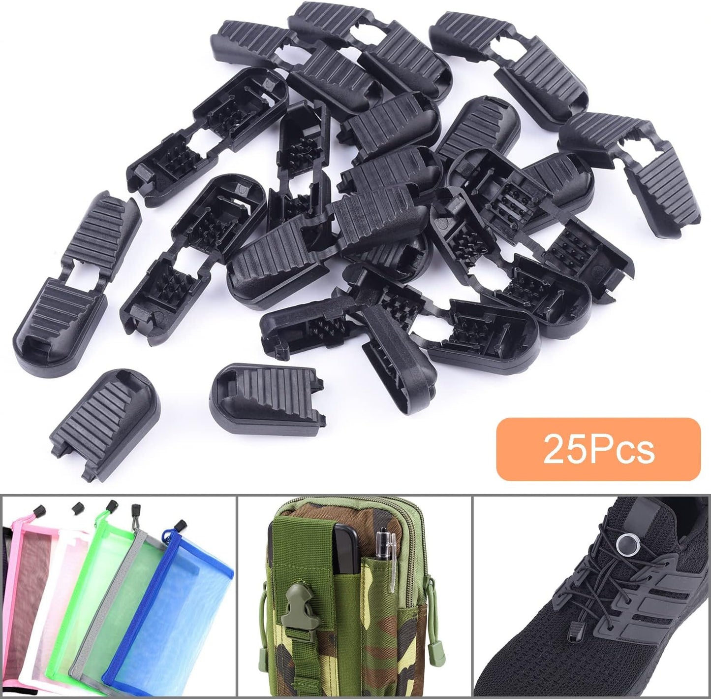 25 Pack Zipper Pull Tabs Cord Ends Tips Shoe Lace End Clips Cord Lock for Paracord Molle Backpack Quick No Tied Shoelace Triathlon Marathon Running Shoe