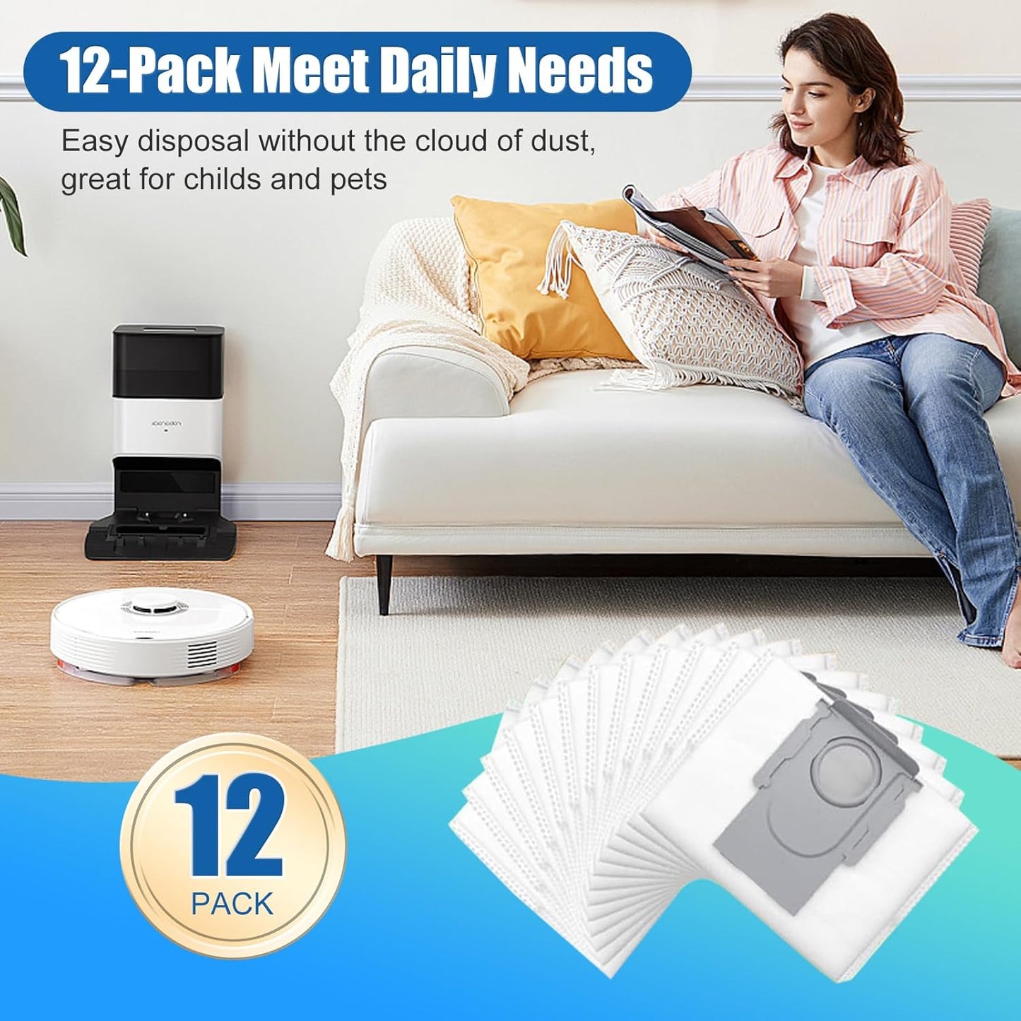 12 Pack Dust Bags for Roborock S8 Pro Ultra, S8+, Q7 Max+, Q8 Max+, Q5 Max+, Q5+, Q5 Pro+, Q7, Q7+, Q7 Max+, S7 MaxV Ultra,S7 Max Ultra Vacuum Cleaner Replacement Disposable Dust Bags- 4L