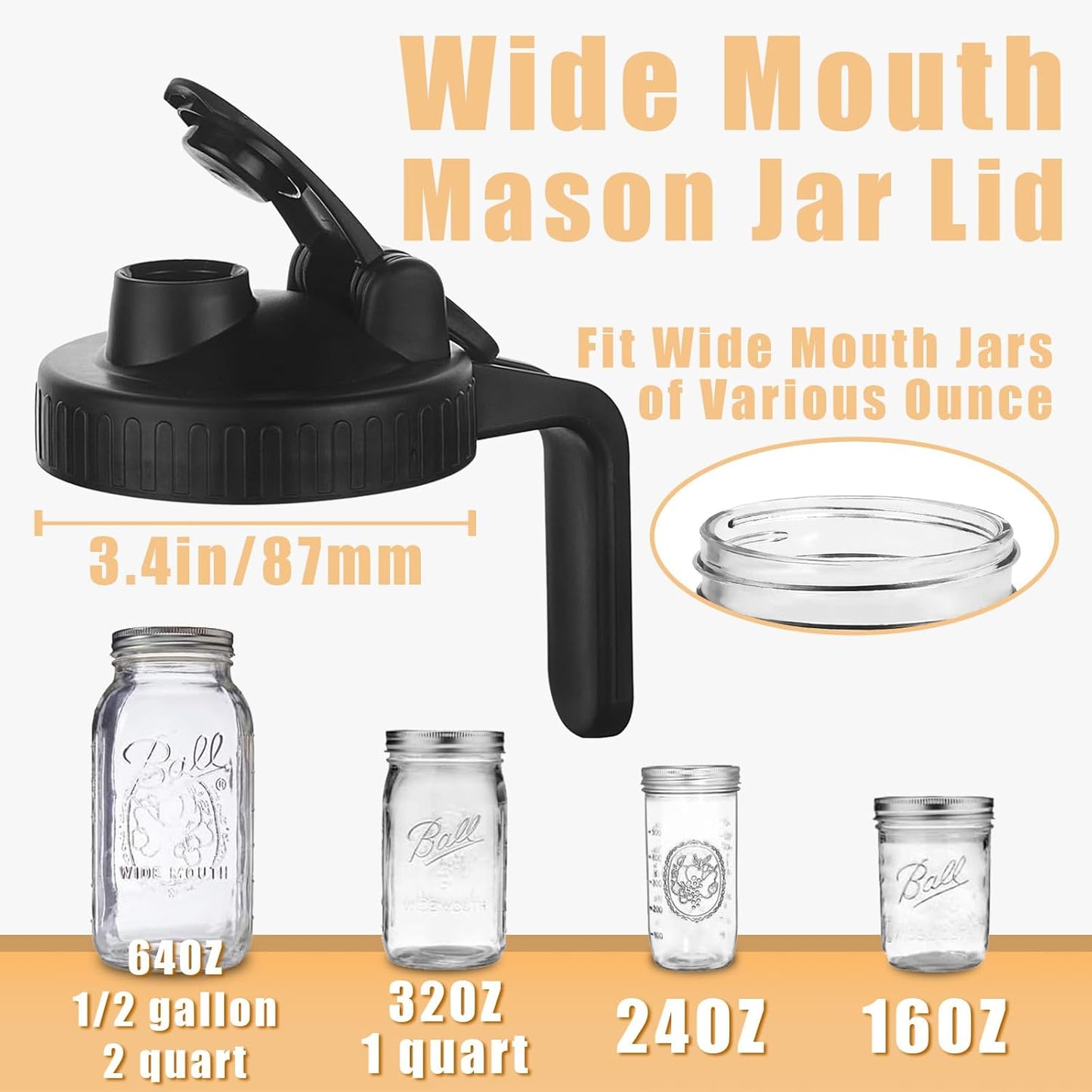 Mason Jar Pour Spout Lid for Wide Mouth Mason Jars, Mason Jar Pitcher Flip Cap Airtight Handle Lid, Leak Proof Seal Cover, Pack of 2
