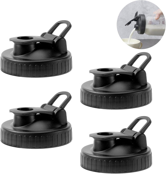 Pour Spout Lids for Ball Regular Mouth Mason Jars, Airtight Canning Jar Flip Cap Top Lid for Drinking, Salad, Dressing Pouring, Leak-Proof, Black Pack of 4