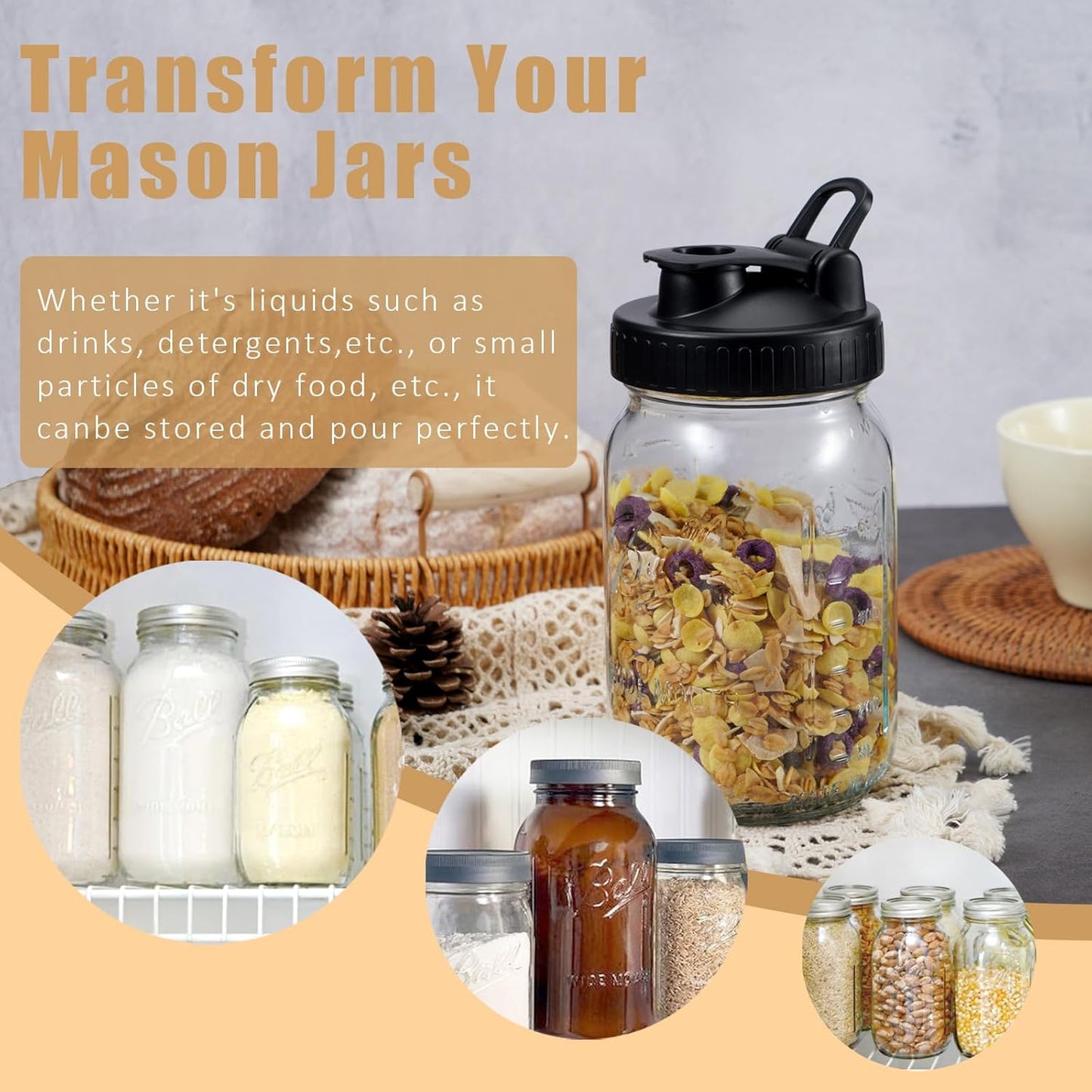 Pour Spout Lids for Ball Regular Mouth Mason Jars, Airtight Canning Jar Flip Cap Top Lid for Drinking, Salad, Dressing Pouring, Leak-Proof, Black Pack of 4
